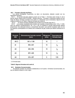 Decreto Nº 66, de 2 de febrero 2007 “ Aprueba Reglamento de Instalaciones Interiores y Medidores de Gas”
42.2 Formato y Escalas del Plano.
Los planos entregados físicamente, es decir, en documento, deberán cumplir con los
siguientes requisitos:
42.2.1 El formato del plano deberá cumplir con la Tabla 1 - Formatos serie normal, A; de la
Norma Oficial Chilena NCh13.Of1993 - Dibujos técnicos - Formatos y elementos gráficos de las
hojas de dibujo, formatos normales de la serie A; o disposición que la reemplace, algunos de los
cuales se ilustran en el Tabla II. Algunos formatos de la serie A.
42.2.2 El máximo tamaño aceptable para el plano es el formato base A0 (*).
42.2.3 Las escalas aceptables para el plano son aquellas comprendidas entre 1:50 y 1:1.000;
para sus dibujos complementarios, de 1:10 y 1:20; no obstante la escala seleccionada deberá
proporcionar una adecuada lectura y comprensión del plano, que permita visualizar cada uno de
los aspectos contemplados en el diseño de la instalación de gas, escala que deberá indicarse en el
plano.
(*) Formato base.
Tabla II. Algunos formatos de la serie A.
42.3 Símbolos Convencionales.
Se deberán emplear los símbolos establecidos en el Cuadro I. Símbolos Convencionales, los
que se deberán dibujar en color negro.
46
 