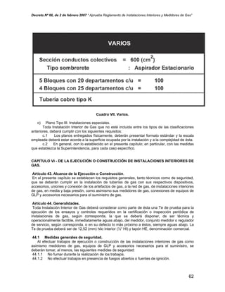 Decreto Nº 66, de 2 de febrero 2007 “ Aprueba Reglamento de Instalaciones Interiores y Medidores de Gas”
Cuadro VII. Varios.
c) Plano Tipo III. Instalaciones especiales.
Toda Instalación Interior de Gas que no esté incluida entre los tipos de las clasificaciones
anteriores, deberá cumplir con los siguientes requisitos:
c.1 Los planos entregados físicamente, deberán presentar formato estándar y la escala
empleada deberá estar acorde a la superficie ocupada por la instalación y a la complejidad de ésta.
c.2 En general, con lo establecido en el presente capítulo; en particular, con las medidas
que establezca la Superintendencia, para cada caso específico.
CAPITULO VI - DE LA EJECUCIÓN O CONSTRUCCIÓN DE INSTALACIONES INTERIORES DE
GAS.
Artículo 43. Alcance de la Ejecución o Construcción.
En el presente capítulo se establecen los requisitos generales, tanto técnicos como de seguridad,
que se deberán cumplir en la instalación de tuberías de gas con sus respectivos dispositivos,
accesorios, uniones y conexión de los artefactos de gas, a la red de gas, de instalaciones interiores
de gas, en media y baja presión, como asimismo sus medidores de gas, conexiones de equipos de
GLP y accesorios necesarios para el suministro de gas.
Artículo 44. Generalidades.
Toda Instalación Interior de Gas deberá considerar como parte de ésta una Te de prueba para la
ejecución de los ensayos y controles requeridos en la certificación o inspección periódica de
instalaciones de gas, según corresponda, la que se deberá disponer, de ser técnica y
operacionalmente factible, inmediatamente aguas abajo, del medidor, conjunto medidor o regulador
de servicio, según corresponda, o en su defecto lo más próximo a éstos, siempre aguas abajo. La
Te de prueba deberá ser de 12,52 (mm) hilo interior (½“ HI) y tapón HE, denominación comercial.
44.1 Medidas generales de seguridad.
Al efectuar trabajos de ejecución o construcción de las instalaciones interiores de gas como
asimismo medidores de gas, equipos de GLP y accesorios necesarios para el suministro, se
deberán tomar, al menos, las siguientes medidas de seguridad:
44.1.1 No fumar durante la realización de los trabajos.
44.1.2 No efectuar trabajos en presencia de fuegos abiertos o fuentes de ignición.
62
 
