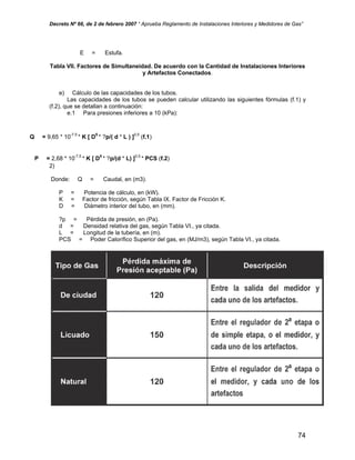 Decreto Nº 66, de 2 de febrero 2007 “ Aprueba Reglamento de Instalaciones Interiores y Medidores de Gas”
E = Estufa.
Tabla VII. Factores de Simultaneidad. De acuerdo con la Cantidad de Instalaciones Interiores
y Artefactos Conectados.
e) Cálculo de las capacidades de los tubos.
Las capacidades de los tubos se pueden calcular utilizando las siguientes fórmulas (f.1) y
(f.2), que se detallan a continuación:
e.1 Para presiones inferiores a 10 (kPa):
Q = 9,65 * 10-7,5
* K [ D5
* ?p/( d * L ) ]0,5
(f.1)
P = 2,68 * 10-7,5
* K [ D5
* ?p/(d * L) ]0,5
* PCS (f.2)
2)
Donde: Q = Caudal, en (m3).
P = Potencia de cálculo, en (kW).
K = Factor de fricción, según Tabla IX. Factor de Fricción K.
D = Diámetro interior del tubo, en (mm).
?p = Pérdida de presión, en (Pa).
d = Densidad relativa del gas, según Tabla VI., ya citada.
L = Longitud de la tubería, en (m).
PCS = Poder Calorífico Superior del gas, en (MJ/m3), según Tabla VI., ya citada.
74
 