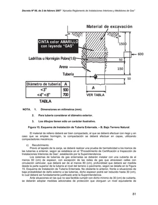 Decreto Nº 66, de 2 de febrero 2007 “ Aprueba Reglamento de Instalaciones Interiores y Medidores de Gas”
NOTA. 1. Dimensiones en milímetros (mm).
2. Para tubería considerar el diámetro exterior.
3. Los dibujos tienen sólo un carácter ilustrativo.
Figura 15. Esquema de Instalación de Tubería Enterrada. – B. Bajo Terreno Natural.
El material de relleno deberá ser bien compactado, el que se deberá efectuar con riego y en
caso que se emplee hormigón, la compactación se deberá efectuar en capas, utilizando
compactadores mecánicos.
c) Recubrimiento.
Previo al tapado de la zanja, se deberá realizar una prueba de hermeticidad a los tramos de
las tuberías a enterrar, según se establece en el “Procedimiento de Certificación e Inspección de
Instalaciones Interiores de Gas”, establecido por la Superintendencia.
Los sistemas de tuberías de gas enterradas se deberán instalar con una cubierta de al
menos 60 (cm) de espesor, con excepción de las redes de gas que atraviesen calles con
circulación vehicular, que deberá ser de al menos 80 (cm), profundidad que deberá ser medida
desde la parte superior de la tubería al nivel del terreno o pavimento, según se detalla en la Figura
15. Esquema de Instalación de Tubería Enterrada. No obstante lo anterior, frente a situaciones de
baja probabilidad de daño externo a las tuberías, dicho espesor podrá ser reducido hasta 30 (cm),
lo cual deberá ser fundadamente justificado ante la Superintendencia.
Ante situaciones en las que no sea factible cumplir con dicho mínimo de 30 (cm) de cubierta,
se deberán adoptar medidas adicionales de protección que otorguen un nivel equivalente de
81
 