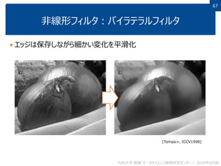 6767
非線形フィルタ：バイラテラルフィルタ
 エッジは保存しながら細かい変化を平滑化
九州大学 数理・データサイエンス教育研究センター／ 年 月版2018 4
[Tomasi+, ICCV1998]
 