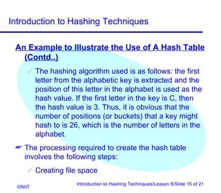 Introduction to Hashing Techniques

 An Example to Illustrate the Use of A Hash Table
   (Contd..)
       The hashing algorithm used is as follows: the first
        letter from the alphabetic key is extracted and the
        position of this letter in the alphabet is used as the
        hash value. If the first letter in the key is C, then
        the hash value is 3. Thus, it is obvious that the
        number of positions (or buckets) that a key might
        hash to is 26, which is the number of letters in the
        alphabet.
  The processing required to create the hash table
   involves the following steps:
       Creating file space
                     Introduction to Hashing Techniques/Lesson 8/Slide 15 of 21
  ©NIIT
 