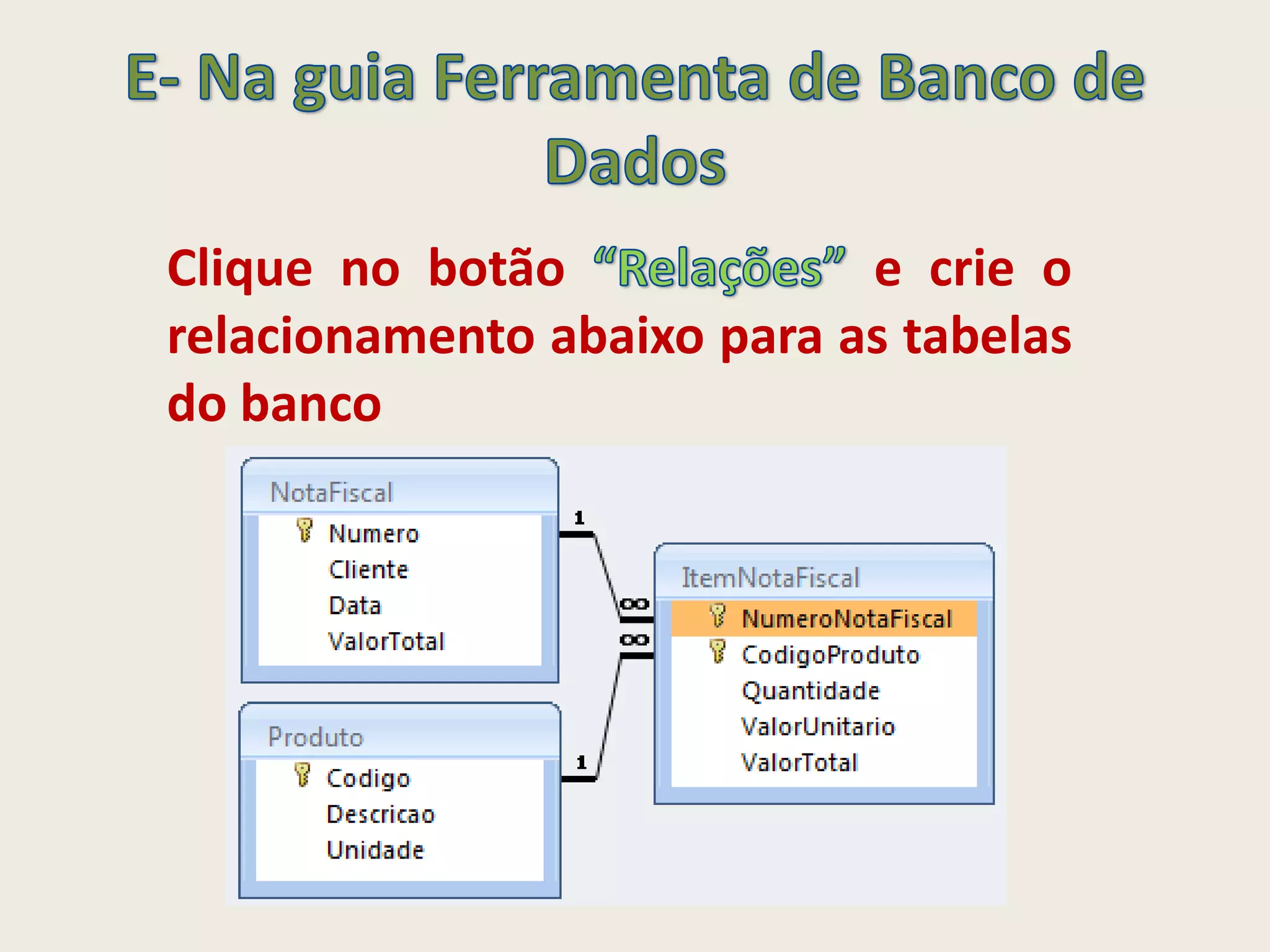 Clique no botão e crie o
relacionamento abaixo para as tabelas
do banco