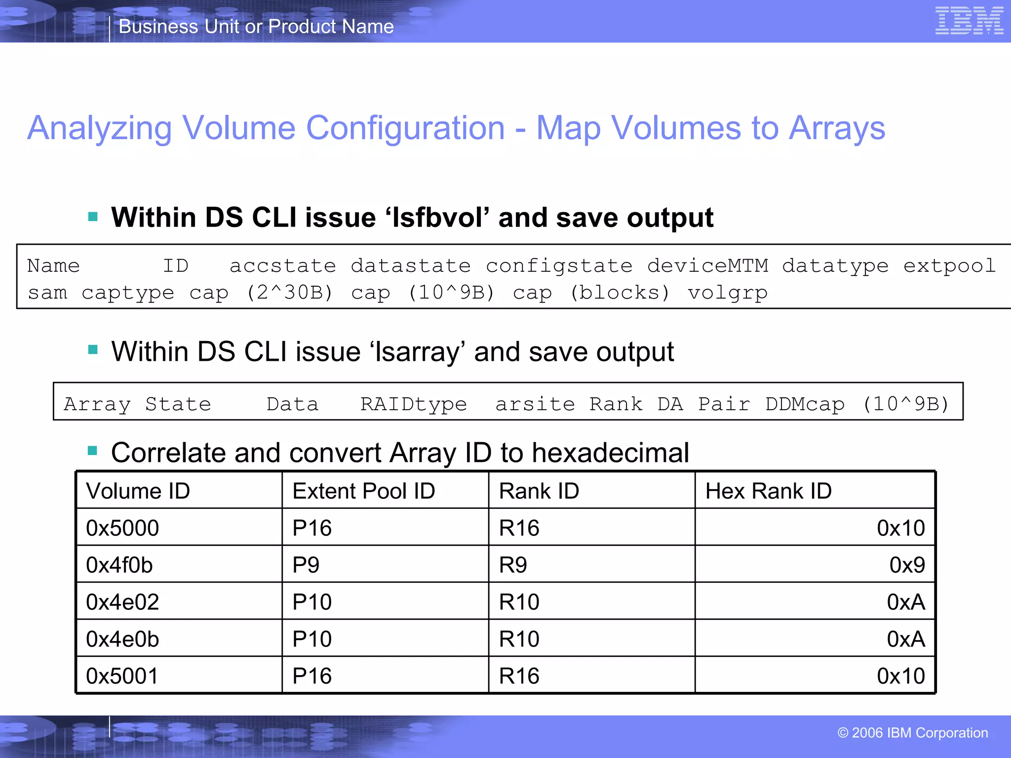 Analyzing Volume Configuration - Map Volumes to Arrays Within DS CLI issue ‘lsfbvol’ and save output Name  ID  accstate datastate configstate deviceMTM datatype extpool sam captype cap (2^30B) cap (10^9B) cap (blocks) volgrp Within DS CLI issue ‘lsarray’ and save output Array State  Data  RAIDtype  arsite Rank DA Pair DDMcap (10^9B) Correlate and convert Array ID to hexadecimal 0x10 R16 P16 0x5001 0xA R10 P10 0x4e0b 0xA R10 P10 0x4e02 0x9 R9 P9 0x4f0b 0x10 R16 P16 0x5000 Hex Rank ID Rank ID Extent Pool ID Volume ID 