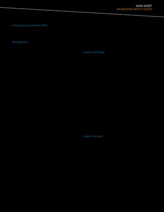 DATA SHEET
ARUBA 8400 SWITCH SERIES
Virtual private network (VPN)
• Generic Routing Encapsulation (GRE)
Enables tunneling traffic from site to site over a
Layer 3 path
Management
• Management interface control
Enables or disables each of the following interfaces
depending on security preferences: console port, or
reset button
• Industry-standard CLI with a hierarchical structure
Reduces training time and expenses, and increases
productivity in multivendor installations
• Management security
Restricts access to critical configuration commands; offers
multiple privilege levels with password protection; local
and remote syslog capabilities allow logging of all access
• SNMP v2c/v3
Provides SNMP read and trap support of industry
standard Management Information Base (MIB), and
private extensions
• sFlow®
(RFC 3176)
Provides scalable ASIC-based wire speed network
monitoring and accounting with no impact on network
performance; this allows network operators to gather a
variety of sophisticated network statistics and
information for capacity planning and real-time network
monitoring purposes
• Remote monitoring (RMON)
Uses standard SNMP to monitor essential network
functions and supports events, alarms, history,
and statistics groups as well as a private alarm
extension group
• TFTP and SFTP support
Offers different mechanisms for configuration updates;
trivial FTP (TFTP) allows bidirectional transfers over a
TCP/IP network; Secure File Transfer Protocol (SFTP) runs
over an SSH tunnel to provide additional security
• Debug and sampler utility
Supports ping and traceroute for both IPv4 and IPv6
• Network Time Protocol (NTP)
Synchronizes timekeeping among distributed time servers
and clients; keeps timekeeping consistent among all
clock-dependent devices within the network so the
devices can provide diverse applications based on the
consistent time
• IEEE 802.1AB Link Layer Discovery Protocol (LLDP)
Advertises and receives management information from
adjacent devices on a network, facilitating easy mapping
by network management applications
• Dual flash images
Provides independent primary and secondary operating
system files for backup while upgrading
Layer 2 switching
• VLAN
Supports up to 4,094 port-based or IEEE
802.1Q-based VLANs
• Bridge Protocol Data Unit (BPDU) tunneling
Transmits STP BPDUs transparently, allowing correct tree
calculations across service providers, WANs, or MANs
• Port mirroring
Duplicates port traffic (ingress and egress) to a monitoring
port; supports 4 mirroring groups, with an unlimited
number of ports per group
• STP
Supports standard IEEE 802.1D STP, IEEE 802.1w Rapid
Spanning Tree Protocol (RSTP) for faster convergence, and
IEEE 802.1s Multiple Spanning Tree Protocol (MSTP)
• Internet Group Management Protocol (IGMP)
Controls and manages the flooding of multicast packets in
a Layer 2 network
• Rapid Per-VLAN spanning tree plus (RPVST+)
Allows each VLAN to build a separate spanning tree to
improve link bandwidth usage in network environments
with multiple VLANs
Layer 3 services
• Address Resolution Protocol (ARP)
Determines the MAC address of another IP host in the
same subnet; supports static ARPs; gratuitous ARP allows
detection of duplicate IP addresses; proxy ARP allows
normal ARP operation between subnets or when subnets
are separated by a Layer 2 network
• UDP helper
Redirects UDP broadcasts to specific IP subnets to
prevent server spoofing
• Dynamic Host Configuration Protocol (DHCP)
Simplifies the management of large IP networks and
supports client; DHCP Relay enables DHCP operation
across subnets
• Domain Name System (DNS)
Provides a distributed database that translates domain
names and IP addresses, which simplifies network design;
supports client and server
 
