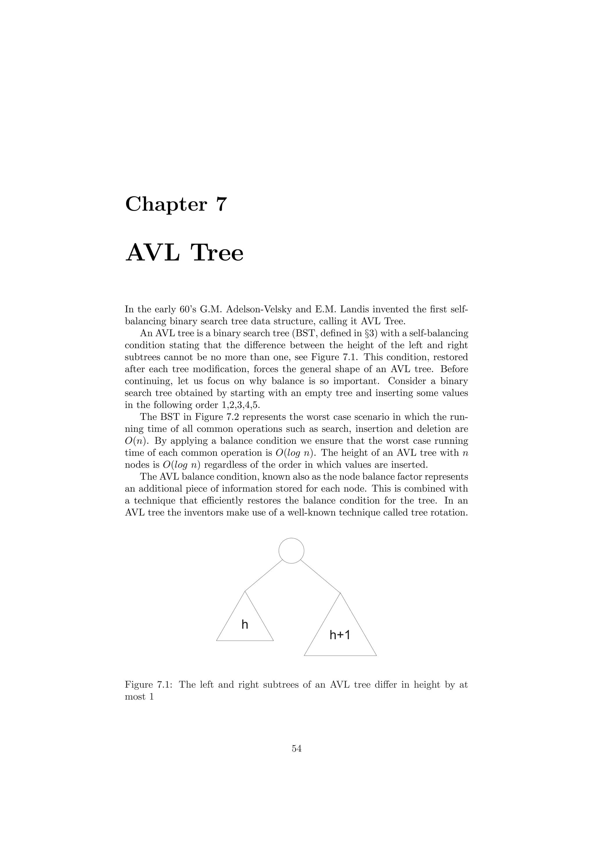 Chapter 7 
AVL Tree 
In the early 60's G.M. Adelson-Velsky and E.M. Landis invented the ¯rst self- 
balancing binary search tree data structure, calling it AVL Tree. 
An AVL tree is a binary search tree (BST, de¯ned in x3) with a self-balancing 
condition stating that the di®erence between the height of the left and right 
subtrees cannot be no more than one, see Figure 7.1. This condition, restored 
after each tree modi¯cation, forces the general shape of an AVL tree. Before 
continuing, let us focus on why balance is so important. Consider a binary 
search tree obtained by starting with an empty tree and inserting some values 
in the following order 1,2,3,4,5. 
The BST in Figure 7.2 represents the worst case scenario in which the run- 
ning time of all common operations such as search, insertion and deletion are 
O(n). By applying a balance condition we ensure that the worst case running 
time of each common operation is O(log n). The height of an AVL tree with n 
nodes is O(log n) regardless of the order in which values are inserted. 
The AVL balance condition, known also as the node balance factor represents 
an additional piece of information stored for each node. This is combined with 
a technique that e±ciently restores the balance condition for the tree. In an 
AVL tree the inventors make use of a well-known technique called tree rotation. 
h 
h+1 
Figure 7.1: The left and right subtrees of an AVL tree di®er in height by at 
most 1 
54 
 
