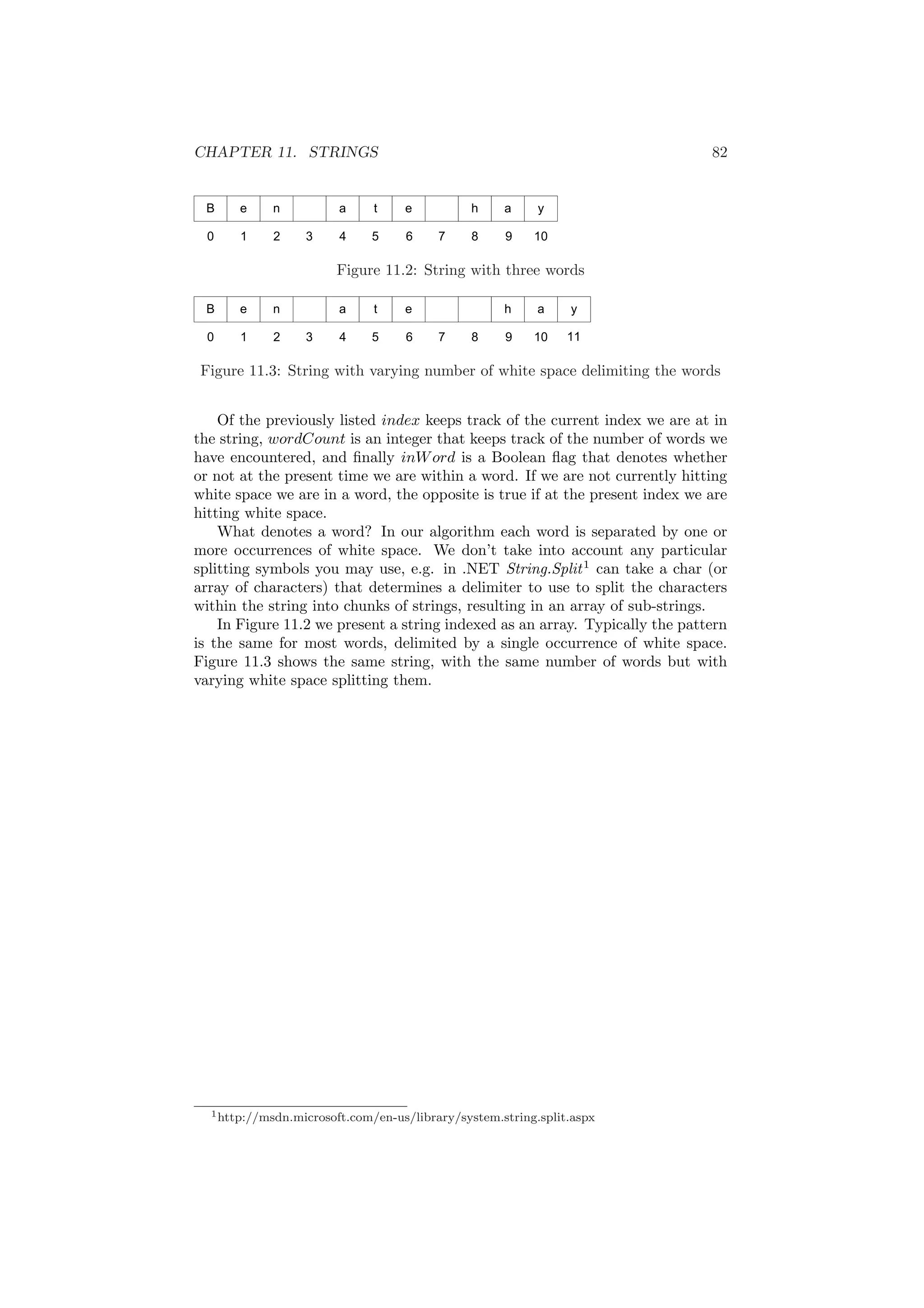 CHAPTER 11. STRINGS 82 
Figure 11.2: String with three words 
Figure 11.3: String with varying number of white space delimiting the words 
Of the previously listed index keeps track of the current index we are at in 
the string, wordCount is an integer that keeps track of the number of words we 
have encountered, and ¯nally inWord is a Boolean °ag that denotes whether 
or not at the present time we are within a word. If we are not currently hitting 
white space we are in a word, the opposite is true if at the present index we are 
hitting white space. 
What denotes a word? In our algorithm each word is separated by one or 
more occurrences of white space. We don't take into account any particular 
splitting symbols you may use, e.g. in .NET String.Split1 can take a char (or 
array of characters) that determines a delimiter to use to split the characters 
within the string into chunks of strings, resulting in an array of sub-strings. 
In Figure 11.2 we present a string indexed as an array. Typically the pattern 
is the same for most words, delimited by a single occurrence of white space. 
Figure 11.3 shows the same string, with the same number of words but with 
varying white space splitting them. 
1http://msdn.microsoft.com/en-us/library/system.string.split.aspx 
 