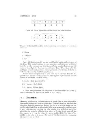 CHAPTER 4. HEAP 33 
Figure 4.1: Array representation of a simple tree data structure 
Figure 4.2: Direct children of the nodes in an array representation of a tree data 
structure 
1. Vector 
2. ArrayList 
3. List 
Figure 4.1 does not specify how we would handle adding null references to 
the heap. This varies from case to case; sometimes null values are prohibited 
entirely; in other cases we may treat them as being smaller than any non-null 
value, or indeed greater than any non-null value. You will have to resolve this 
ambiguity yourself having studied your requirements. For the sake of clarity we 
will avoid the issue by prohibiting null values. 
Because we are using an array we need some way to calculate the index of a 
parent node, and the children of a node. The required expressions for this are 
de¯ned as follows for a node at index: 
1. (index ¡ 1)/2 (parent index) 
2. 2 ¤ index + 1 (left child) 
3. 2 ¤ index + 2 (right child) 
In Figure 4.4 a) represents the calculation of the right child of 12 (2 ¤ 0+2); 
and b) calculates the index of the parent of 3 ((3 ¡ 1)/2). 
4.1 Insertion 
Designing an algorithm for heap insertion is simple, but we must ensure that 
heap order is preserved after each insertion. Generally this is a post-insertion 
operation. Inserting a value into the next free slot in an array is simple: we just 
need to keep track of the next free index in the array as a counter, and increment 
it after each insertion. Inserting our value into the heap is the ¯rst part of the 
algorithm; the second is validating heap order. In the case of min-heap ordering 
this requires us to swap the values of a parent and its child if the value of the 
child is < the value of its parent. We must do this for each subtree containing 
the value we just inserted. 
 