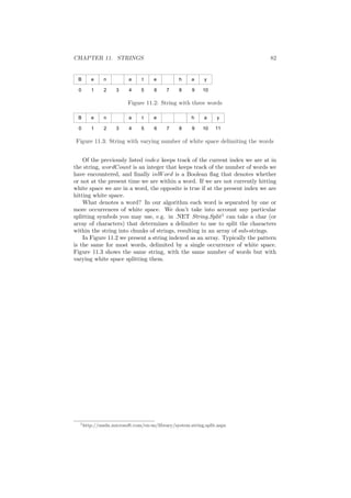 CHAPTER 11. STRINGS 82 
Figure 11.2: String with three words 
Figure 11.3: String with varying number of white space delimiting the words 
Of the previously listed index keeps track of the current index we are at in 
the string, wordCount is an integer that keeps track of the number of words we 
have encountered, and ¯nally inWord is a Boolean °ag that denotes whether 
or not at the present time we are within a word. If we are not currently hitting 
white space we are in a word, the opposite is true if at the present index we are 
hitting white space. 
What denotes a word? In our algorithm each word is separated by one or 
more occurrences of white space. We don't take into account any particular 
splitting symbols you may use, e.g. in .NET String.Split1 can take a char (or 
array of characters) that determines a delimiter to use to split the characters 
within the string into chunks of strings, resulting in an array of sub-strings. 
In Figure 11.2 we present a string indexed as an array. Typically the pattern 
is the same for most words, delimited by a single occurrence of white space. 
Figure 11.3 shows the same string, with the same number of words but with 
varying white space splitting them. 
1http://msdn.microsoft.com/en-us/library/system.string.split.aspx 
 