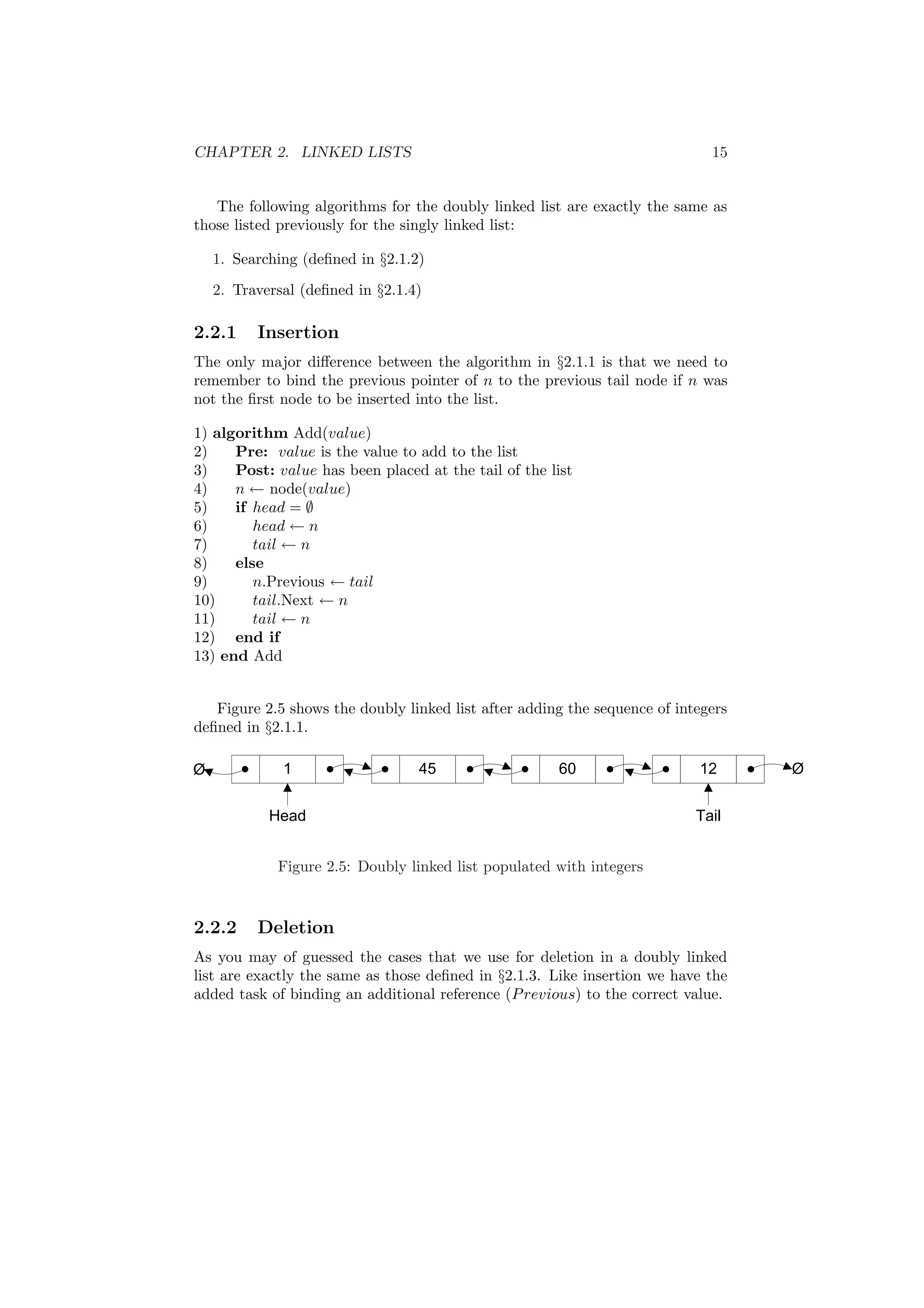 CHAPTER 2. LINKED LISTS 15
The following algorithms for the doubly linked list are exactly the same as
those listed previously for the singly linked list:
1. Searching (deﬁned in §2.1.2)
2. Traversal (deﬁned in §2.1.4)
2.2.1 Insertion
The only major diﬀerence between the algorithm in §2.1.1 is that we need to
remember to bind the previous pointer of n to the previous tail node if n was
not the ﬁrst node to be inserted into the list.
1) algorithm Add(value)
2) Pre: value is the value to add to the list
3) Post: value has been placed at the tail of the list
4) n ← node(value)
5) if head = ∅
6) head ← n
7) tail ← n
8) else
9) n.Previous ← tail
10) tail.Next ← n
11) tail ← n
12) end if
13) end Add
Figure 2.5 shows the doubly linked list after adding the sequence of integers
deﬁned in §2.1.1.
Figure 2.5: Doubly linked list populated with integers
2.2.2 Deletion
As you may of guessed the cases that we use for deletion in a doubly linked
list are exactly the same as those deﬁned in §2.1.3. Like insertion we have the
added task of binding an additional reference (Previous) to the correct value.
 