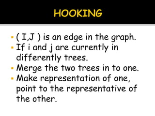  ( I,J ) is an edge in the graph.
 If i and j are currently in
differently trees.
 Merge the two trees in to one.
 Make representation of one,
point to the representative of
the other.
 