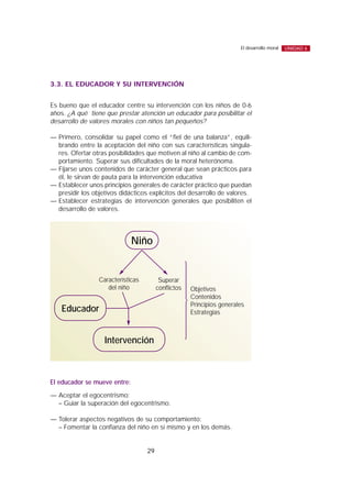 3.3. EL EDUCADOR Y SU INTERVENCIÓN
Es bueno que el educador centre su intervención con los niños de 0-6
años. ¿A qué tiene que prestar atención un educador para posibilitar el
desarrollo de valores morales con niños tan pequeños?
— Primero, consolidar su papel como el “fiel de una balanza”, equili-
brando entre la aceptación del niño con sus características singula-
res. Ofertar otras posibilidades que motiven al niño al cambio de com-
portamiento. Superar sus dificultades de la moral heterónoma.
— Fijarse unos contenidos de carácter general que sean prácticos para
él, le sirvan de pauta para la intervención educativa
— Establecer unos principios generales de carácter práctico que puedan
presidir los objetivos didácticos explícitos del desarrollo de valores.
— Establecer estrategias de intervención generales que posibiliten el
desarrollo de valores.
El educador se mueve entre:
— Aceptar el egocentrismo:
– Guiar la superación del egocentrismo.
— Tolerar aspectos negativos de su comportamiento:
– Fomentar la confianza del niño en sí mismo y en los demás.
29
El desarrollo moral UNIDAD 6
Niño
Educador
Intervención
Características
del niño
Superar
conflictos Objetivos
Contenidos
Principios generales
Estrategias
 