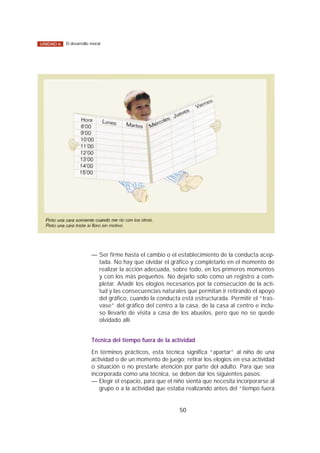 — Ser firme hasta el cambio o el establecimiento de la conducta acep-
tada. No hay que olvidar el gráfico y completarlo en el momento de
realizar la acción adecuada, sobre todo, en los primeros momentos
y con los más pequeños. No dejarlo sólo como un registro a com-
pletar. Añadir los elogios necesarios por la consecución de la acti-
tud y las consecuencias naturales que permitan ir retirando el apoyo
del gráfico, cuando la conducta está estructurada. Permitir el “tras-
vase” del gráfico del centro a la casa, de la casa al centro e inclu-
so llevarlo de visita a casa de los abuelos, pero que no se quede
olvidado allí.
Técnica del tiempo fuera de la actividad
En términos prácticos, esta técnica significa “apartar” al niño de una
actividad o de un momento de juego; retirar los elogios en esa actividad
o situación o no prestarle atención por parte del adulto. Para que sea
incorporada como una técnica, se deben dar los siguientes pasos:
— Elegir el espacio, para que el niño sienta que necesita incorporarse al
grupo o a la actividad que estaba realizando antes del “tiempo fuera
50
El desarrollo moralUNIDAD 6
 