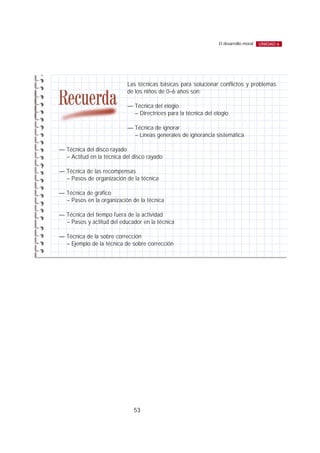 53
El desarrollo moral UNIDAD 6
Las técnicas básicas para solucionar conflictos y problemas
de los niños de 0–6 años son:
— Técnica del elogio
– Directrices para la técnica del elogio
— Técnica de ignorar
– Líneas generales de ignorancia sistemática
— Técnica del disco rayado
– Actitud en la técnica del disco rayado
— Técnica de las recompensas
– Pasos de organización de la técnica
— Técnica de gráfico
– Pasos en la organización de la técnica
— Técnica del tiempo fuera de la actividad
– Pasos y actitud del educador en la técnica
— Técnica de la sobre corrección
– Ejemplo de la técnica de sobre corrección
 