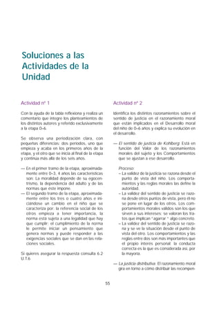 Actividad nº 1
Con la ayuda de la tabla reflexiona y realiza un
comentario que integre los planteamientos de
los distintos autores y referido exclusivamente
a la etapa 0–6.
Se observa una periodización clara, con
pequeñas diferencias: dos periodos, uno que
empieza y acaba en los primeros años de la
etapa, y el otro que se inicia al final de la etapa
y continúa más allá de los seis años.
— En el primer tramo de la etapa, aproximada-
mente entre 0–3, 4 años las características
son: La moralidad depende de su egocen-
trismo, la dependencia del adulto y de las
normas que éste impone.
— El segundo tramo de la etapa, aproximada-
mente entre los tres o cuatro años e ini-
ciándose un cambio en el niño que se
caracteriza por: la referencia social de los
otros empieza a tener importancia, la
norma está sujeta a una legalidad que hay
que cumplir; el cumplimiento de la norma
le permite iniciar un pensamiento que
genera normas y puede responder a las
exigencias sociales que se dan en las rela-
ciones sociales.
Si quieres asegurar la respuesta consulta 6.2
U.T.6
Actividad nº 2
Identifica los distintos razonamientos sobre el
sentido de justicia en el razonamiento moral
que están implicados en el Desarrollo moral
del niño de 0–6 años y explica su evolución en
el desarrollo.
— El sentido de justicia de Kohlberg: Está en
función del Valor de los razonamientos
morales del sujeto y los Comportamientos
que se ajustan a ese desarrollo.
Proceso:
– La validez de la justicia se razona desde el
punto de vista del niño. Los comporta-
mientos y las reglas morales las define la
autoridad.
– La validez del sentido de justicia se razo-
na desde otros puntos de vista, pero él no
se pone en lugar de los otros. Los com-
portamientos morales válidos son los que
sirven a sus intereses; se valoran los tra-
tos que implican “agarrar “ algo concreto.
– La validez del sentido de justicia se razo-
na y se ve la situación desde el punto de
vista del otro. Los comportamientos y las
reglas entre dos son más importantes que
el propio interés personal; la conducta
correcta es la que es considerada así, por
la mayoría.
— La justicia distributiva: El razonamiento moral
gira en torno a cómo distribuir las recompen-
55
Soluciones a las
Actividades de la
Unidad
 