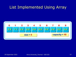 29 September 2023 Anna University, Chennai - 600 025 27
List Implemented Using Array
 
