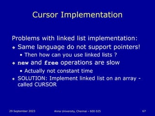 29 September 2023 Anna University, Chennai - 600 025 67
Cursor Implementation
Problems with linked list implementation:
 Same language do not support pointers!
• Then how can you use linked lists ?
 new and free operations are slow
• Actually not constant time
 SOLUTION: Implement linked list on an array -
called CURSOR
 
