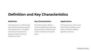 Definition and Key Characteristics
Definition
A priority queue is an abstract data
type that stores elements and their
associated priorities. The highest
(or lowest) priority element is
always accessible and can be
efficiently removed.
Key Characteristics
Prioritized insertion, efficient
retrieval of highest/lowest priority,
and maintenance of priority order
are the core features of a priority
queue.
Applications
Priority queues are used in areas
like CPU task scheduling, event-
driven simulations, Dijkstra's
algorithm, and more.
 