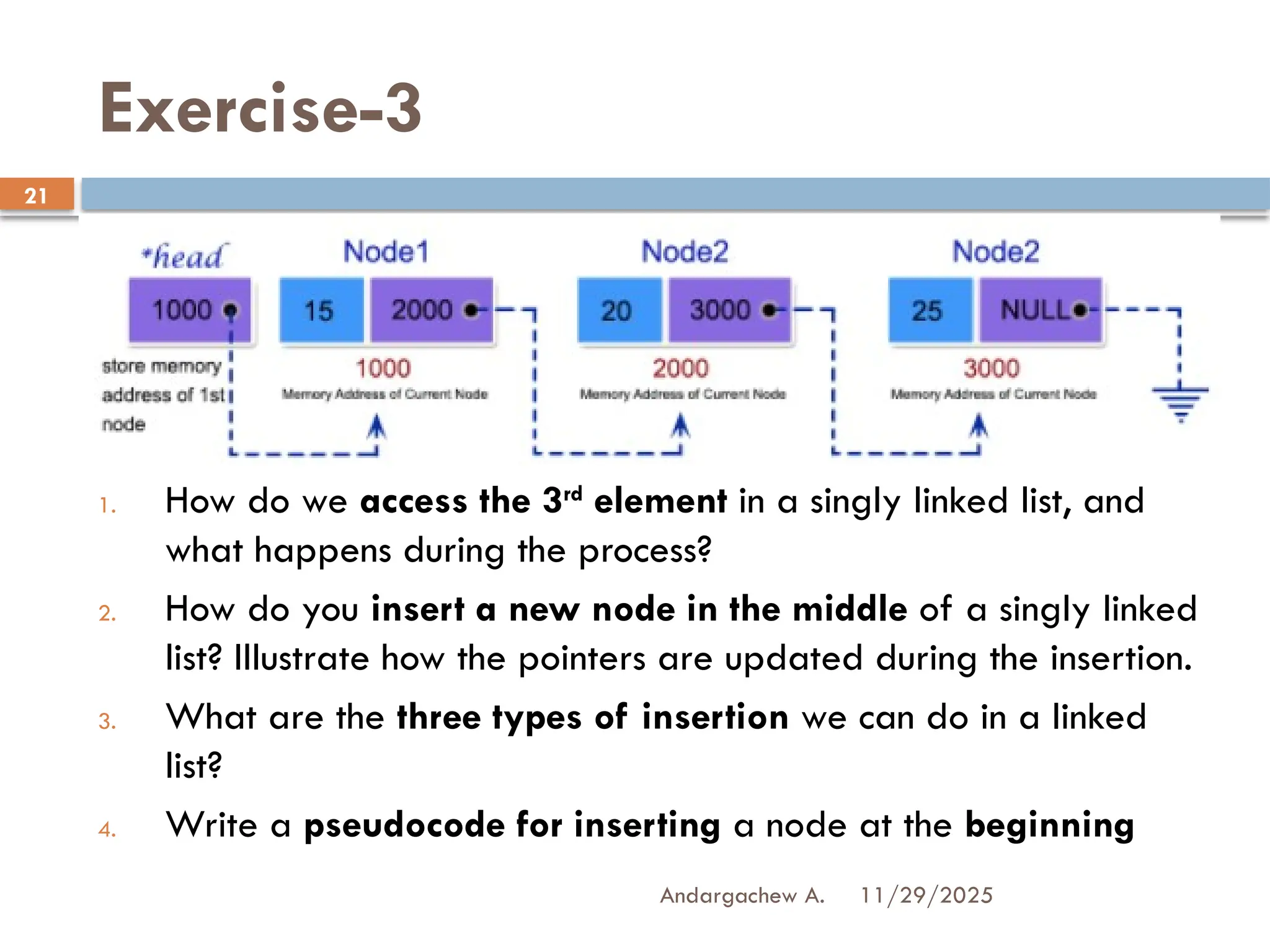 11/29/2025
Andargachew A.
21
Exercise-3
1. How do we access the 3rd
element in a singly linked list, and
what happens during the process?
2. How do you insert a new node in the middle of a singly linked
list? Illustrate how the pointers are updated during the insertion.
3. What are the three types of insertion we can do in a linked
list?
4. Write a pseudocode for inserting a node at the beginning
 