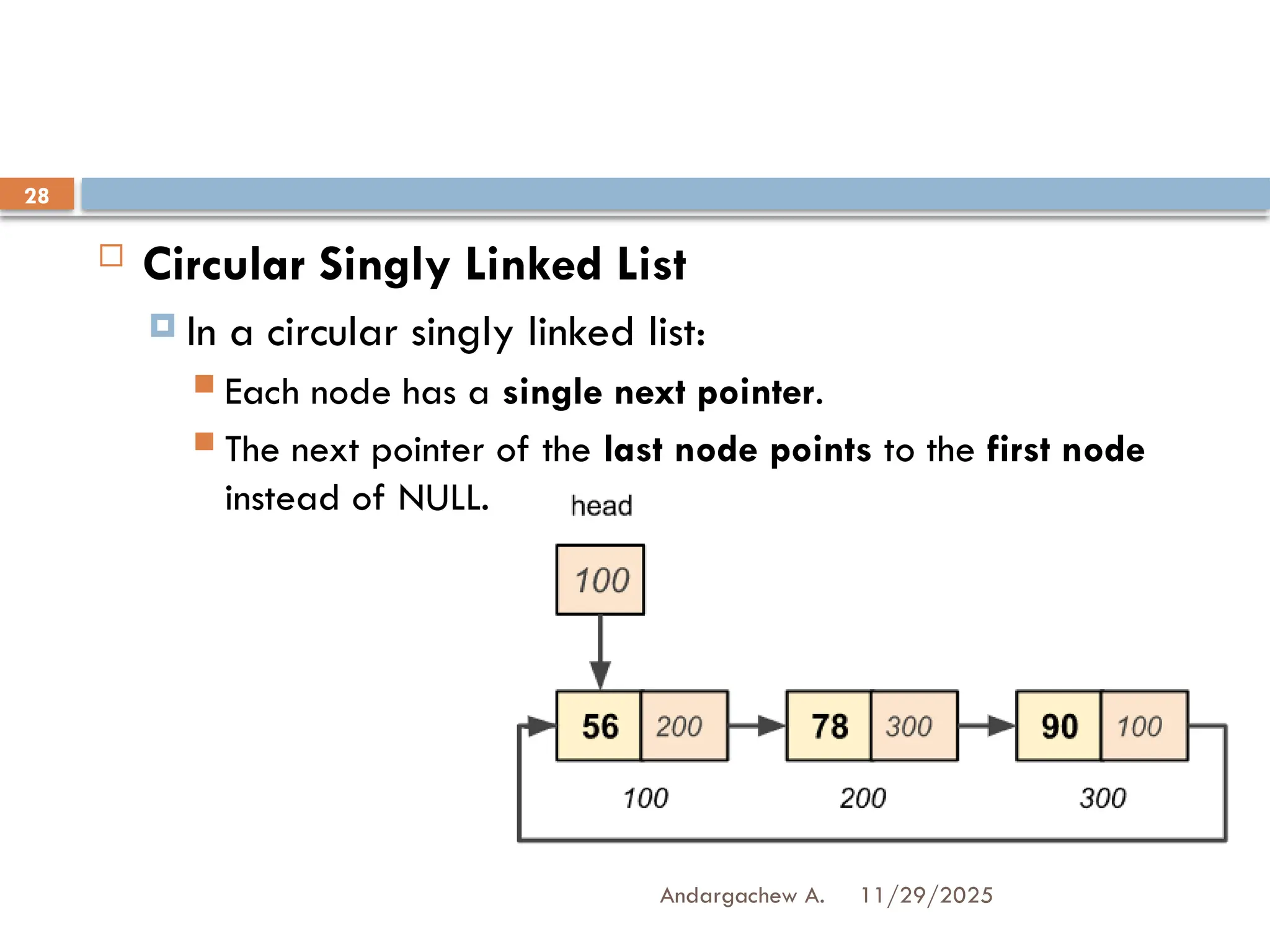 11/29/2025
Andargachew A.
28
 Circular Singly Linked List
 In a circular singly linked list:
 Each node has a single next pointer.
 The next pointer of the last node points to the first node
instead of NULL.
 