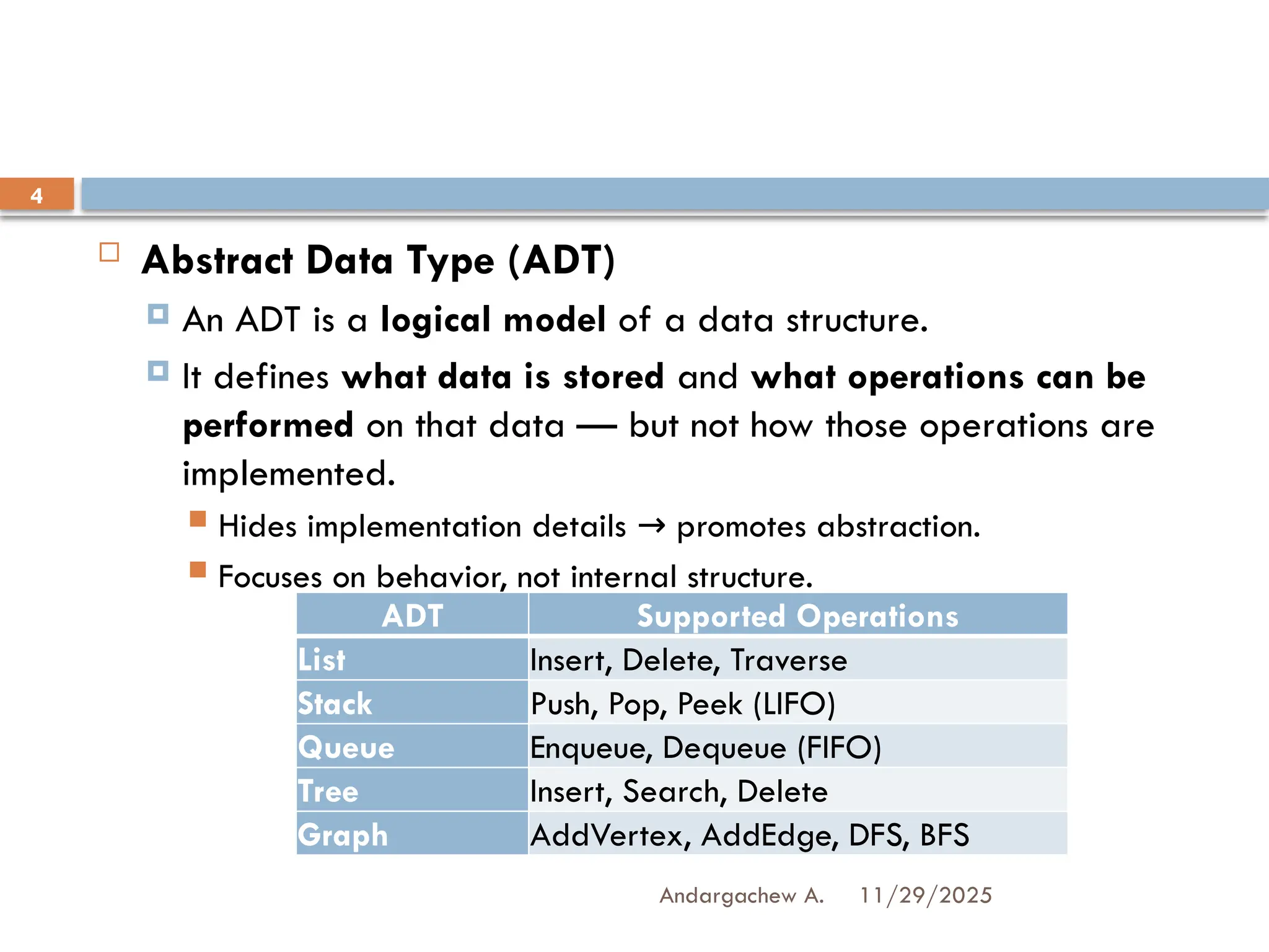 11/29/2025
Andargachew A.
4
 Abstract Data Type (ADT)
 An ADT is a logical model of a data structure.
 It defines what data is stored and what operations can be
performed on that data — but not how those operations are
implemented.
 Hides implementation details promotes abstraction.
→
 Focuses on behavior, not internal structure.
ADT Supported Operations
List Insert, Delete, Traverse
Stack Push, Pop, Peek (LIFO)
Queue Enqueue, Dequeue (FIFO)
Tree Insert, Search, Delete
Graph AddVertex, AddEdge, DFS, BFS
 