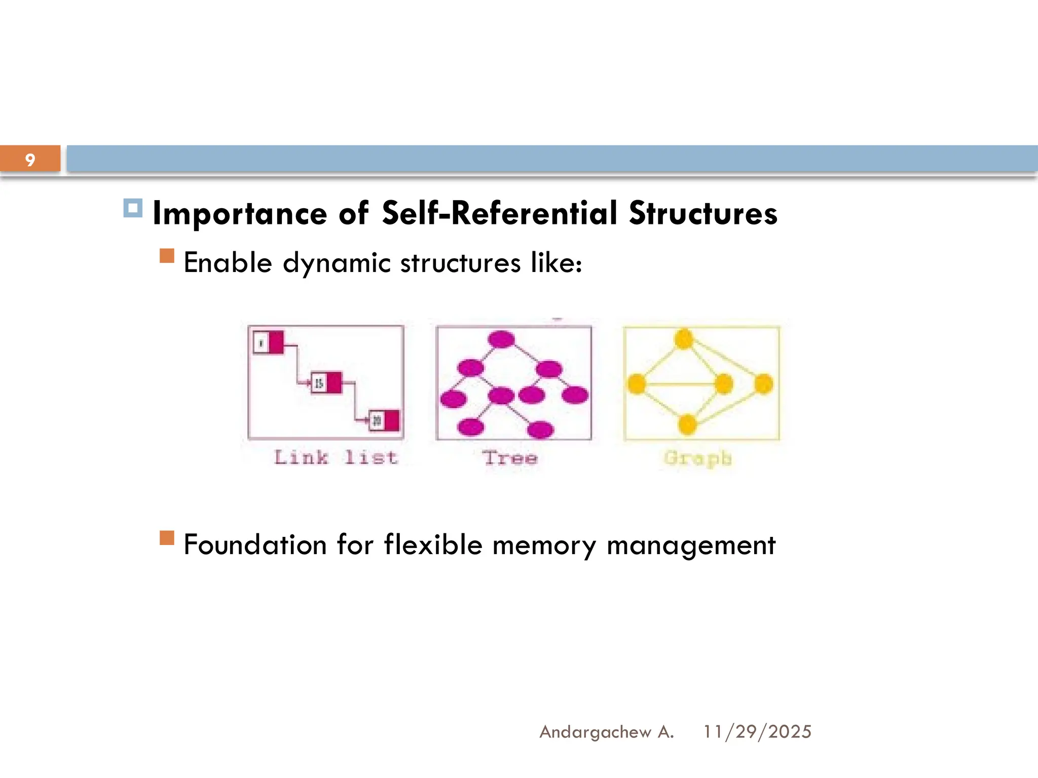 11/29/2025
Andargachew A.
9
 Importance of Self-Referential Structures
 Enable dynamic structures like:
 Foundation for flexible memory management
 