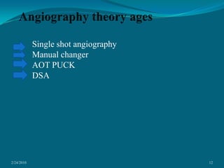 2/24/201012Angiography theory ages Single shot angiographyManual changerAOT PUCKDSA