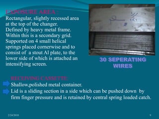 2/24/20109EXPOSURE AREA :Rectangular, slightly recessed area at the top of the changer.Defined by heavy metal frame.Within this is a secondary grid.Supported on 4 small helical springs placed cornerwise and to consist of  a stout Al plate, to the lower side of which is attached an intensifying screen.30 SEPERATING WIRES RECEIVING CASSETTE:Shallow,polished metal container.Lid is a sliding section in a side which can be pushed down  by firm finger pressure and is retained by central spring loaded catch.