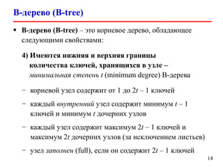 B-дерево (B-tree)
14
 B-дерево (B-tree) – это корневое дерево, обладающее
следующими свойствами:
4) Имеются нижняя и верхняя границы
количества ключей, хранящихся в узле –
минимальная степень t (minimum degree) B-дерева
− корневой узел содержит от 1 до 2t – 1 ключей
− каждый внутренний узел содержит минимум t – 1
ключей и минимум t дочерних узлов
− каждый узел содержит максимум 2t – 1 ключей и
максимум 2t дочерних узлов (за исключением листьев)
− узел заполнен (full), если он содержит 2t – 1 ключей
 