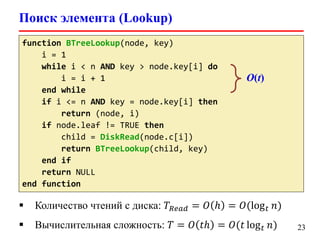Поиск элемента (Lookup)
23
function BTreeLookup(node, key)
i = 1
while i < n AND key > node.key[i] do
i = i + 1
end while
if i <= n AND key = node.key[i] then
return (node, i)
if node.leaf != TRUE then
child = DiskRead(node.c[i])
return BTreeLookup(child, key)
end if
return NULL
end function
O(t)
 Количество чтений с диска: 𝑇𝑅𝑒𝑎𝑑 = 𝑂 ℎ = 𝑂(log 𝑡 𝑛)
 Вычислительная сложность: 𝑇 = 𝑂 𝑡ℎ = 𝑂(𝑡 log 𝑡 𝑛)
 