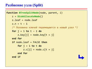 Разбиение узла (Split)
31
function BTreeSplitNode(node, parent, i)
z = DiskAllocateNode()
z.leaf = node.leaf
z.n = t – 1
/* Половина ключей перемещаются в новый узел */
for j = 1 to t – 1 do
z.key[j] = node.key[t + j]
end for
if node.leaf = FALSE then
for j = 1 to t do
z.c[j] = node.c[t + j]
end for
end if
 