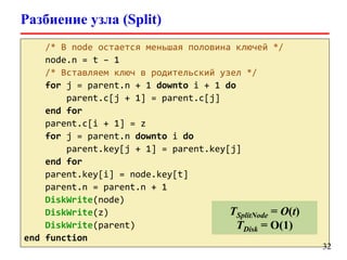 Разбиение узла (Split)
/* В node остается меньшая половина ключей */
node.n = t – 1
/* Вставляем ключ в родительский узел */
for j = parent.n + 1 downto i + 1 do
parent.c[j + 1] = parent.c[j]
end for
parent.c[i + 1] = z
for j = parent.n downto i do
parent.key[j + 1] = parent.key[j]
end for
parent.key[i] = node.key[t]
parent.n = parent.n + 1
DiskWrite(node)
DiskWrite(z)
DiskWrite(parent)
end function
32
TSplitNode = O(t)
TDisk = O(1)
 