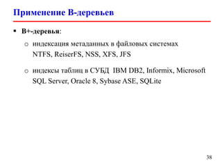Применение B-деревьев
38
 B+-деревья:
o индексация метаданных в файловых системах
NTFS, ReiserFS, NSS, XFS, JFS
o индексы таблиц в СУБД IBM DB2, Informix, Microsoft
SQL Server, Oracle 8, Sybase ASE, SQLite
 