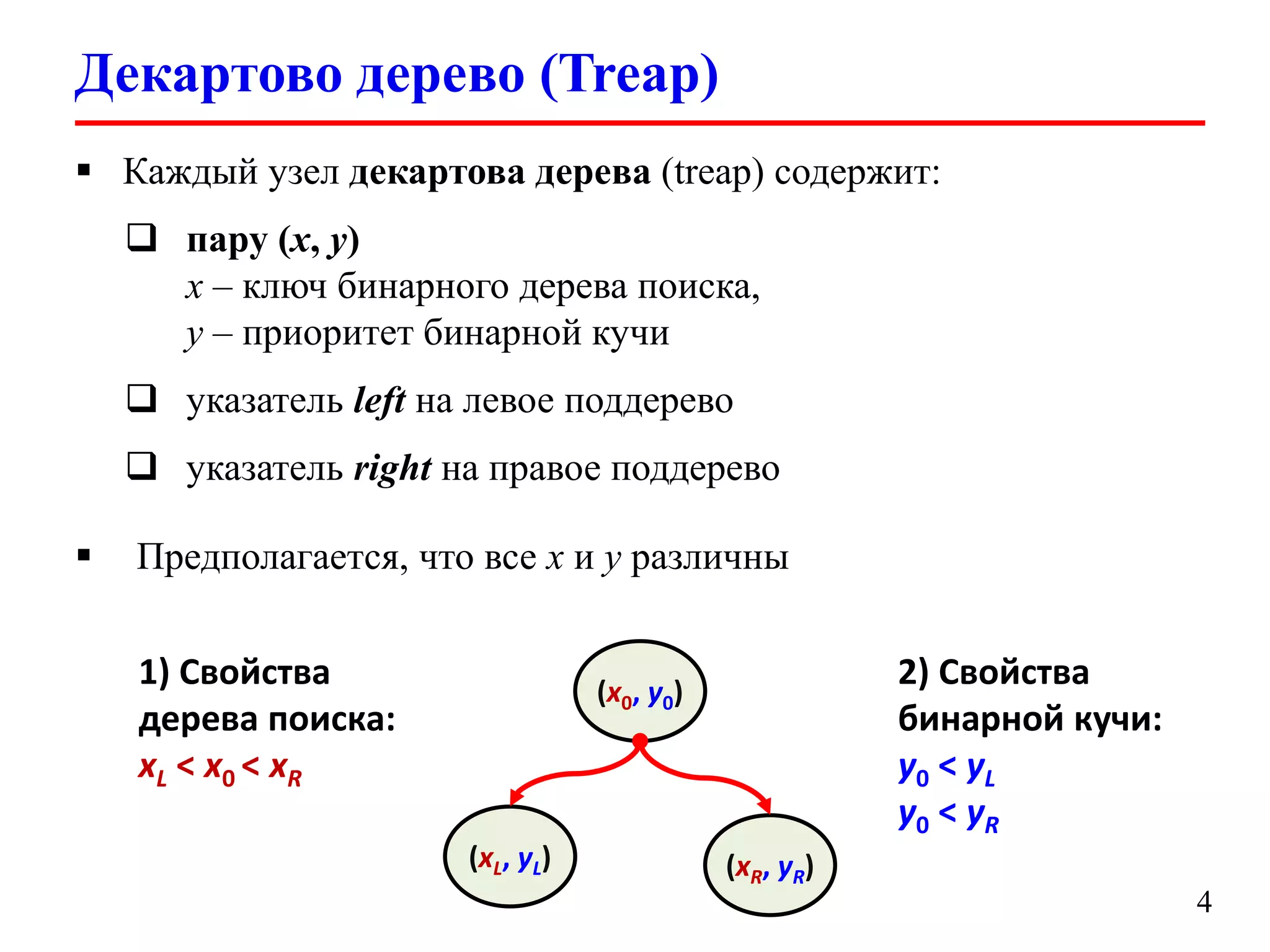 Декартово дерево (Treap)
 Каждый узел декартова дерева (treap) содержит:
 пару (x, y)
x – ключ бинарного дерева поиска,
y – приоритет бинарной кучи
 указатель left на левое поддерево
 указатель right на правое поддерево


Предполагается, что все x и y различны
1) Свойства
дерева поиска:
xL < x0 < xR

2) Свойства
бинарной кучи:
y0 < yL
y0 < yR

(x0, y0)

(xL, yL)

(xR, yR)

4

 