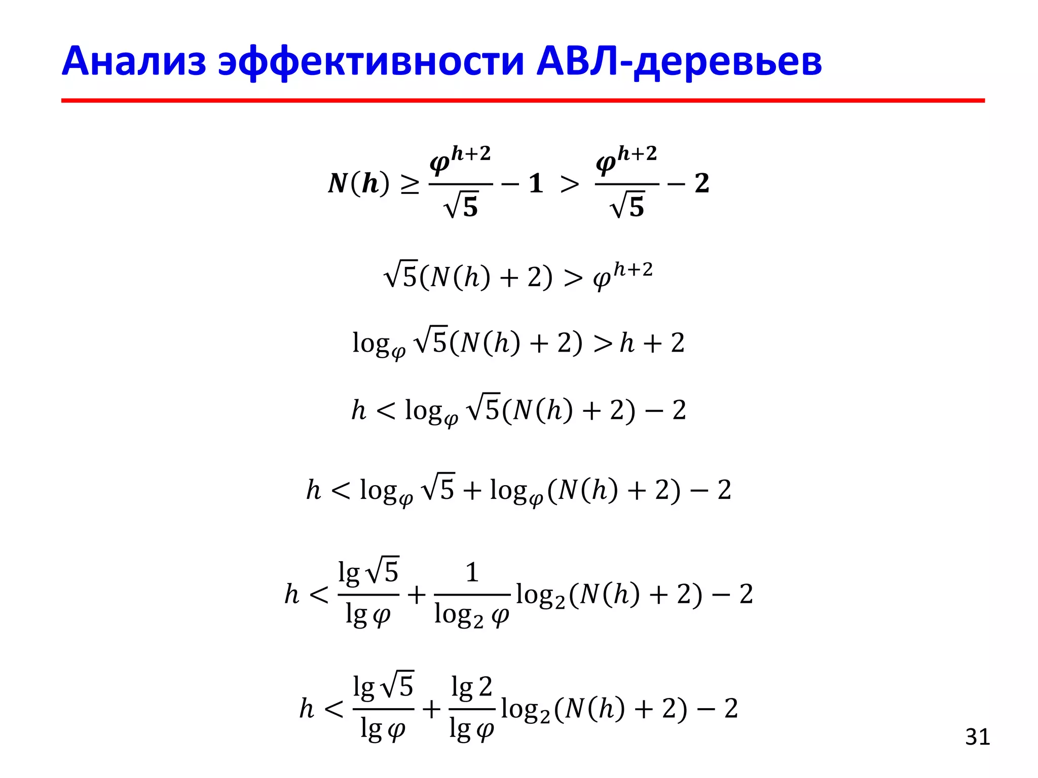 Анализ эффективности АВЛ-деревьев 
31 
푵풉= 흋풉+ퟐ ퟓ −ퟏ> 흋풉+ퟐ ퟓ −ퟐ 5푁ℎ+2>휑ℎ+2 
log휑(5푁ℎ+2)>ℎ+2 
ℎ<log휑5(푁ℎ+2)−2 
ℎ<log휑5+log휑(푁ℎ+2)−2 
ℎ< lg5lg휑 + 1log2휑 log2(푁ℎ+2)−2 
ℎ< lg5lg휑 + lg2lg휑 log2(푁ℎ+2)−2  