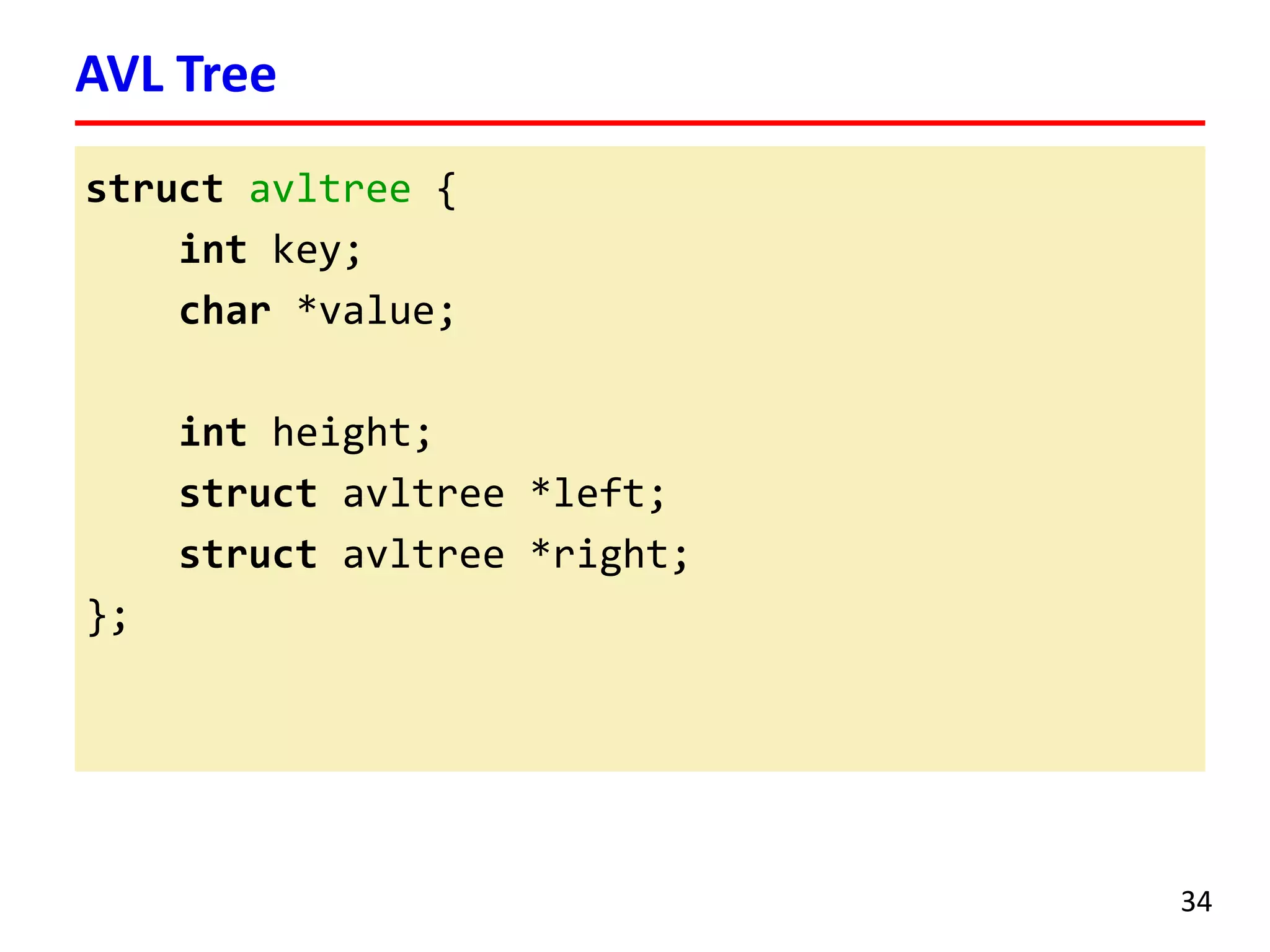 AVL Tree 
34 
structavltree{ 
intkey; 
char*value; 
intheight; 
structavltree*left; 
structavltree*right; 
};  