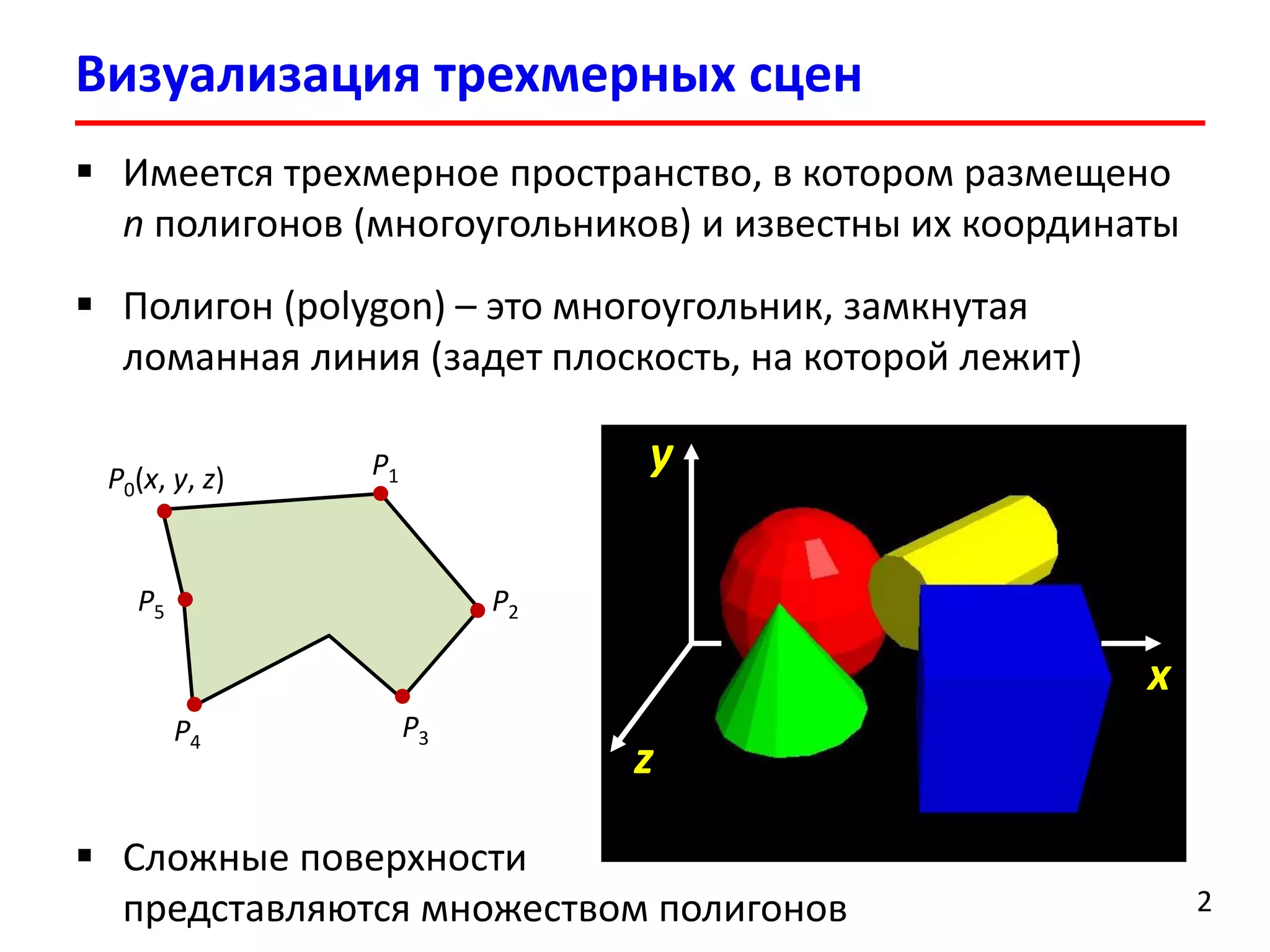 Визуализация трехмерных сцен 
2 
Имеется трехмерное пространство, в котором размещено nполигонов (многоугольников)и известны их координаты 
Полигон (polygon)–это многоугольник, замкнутая ломанная линия(задет плоскость, на которой лежит) 
z 
x 
y 
P0(x, y, z) 
P1 
P2 
P3 
P5 
P4 
Сложные поверхности представляются множеством полигонов  