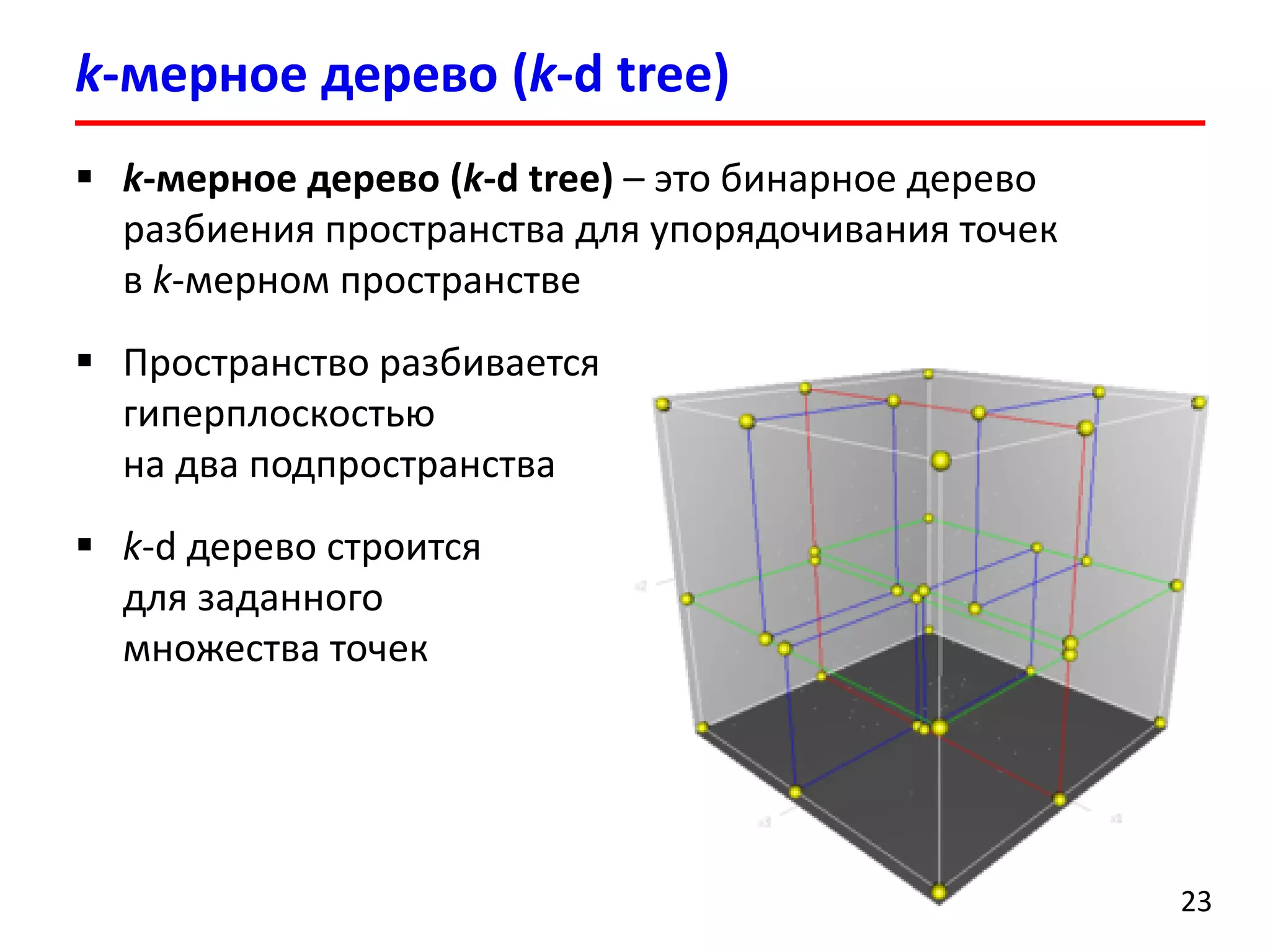 k-мерное дерево (k-d tree) 
23 
k-мерное дерево (k-d tree)–это бинарное дерево разбиения пространства для упорядочивания точек в k-мерном пространстве 
Пространство разбивается гиперплоскостью на два подпространства 
k-d дерево строится для заданного множества точек  
