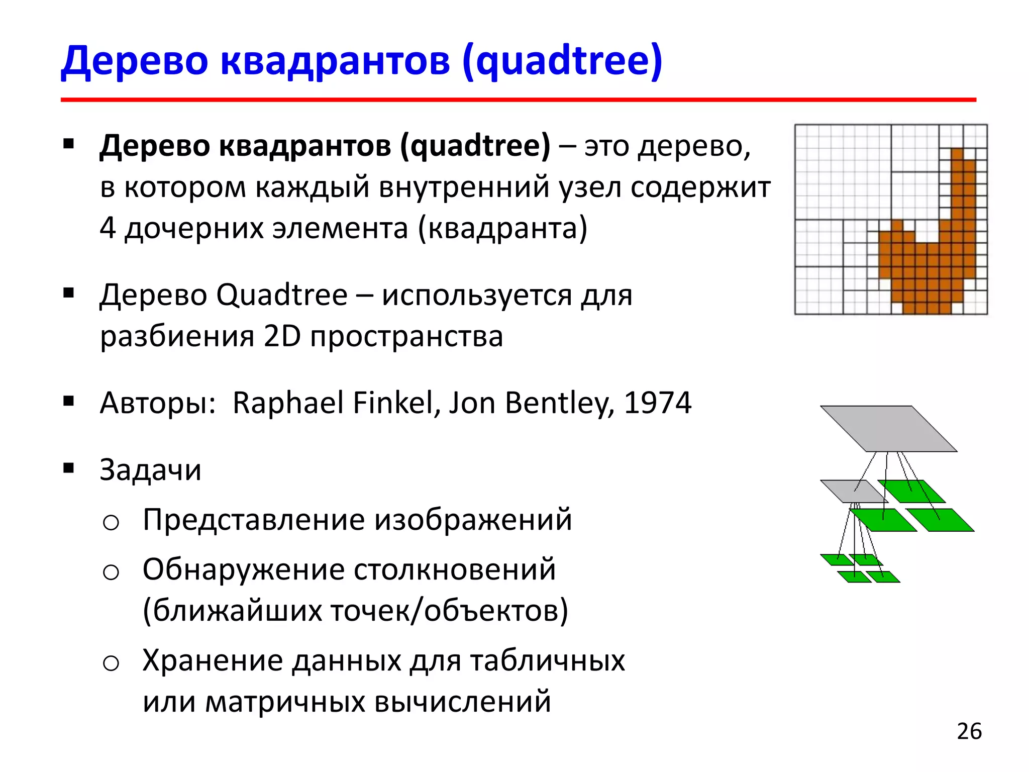 Дерево квадрантов (quadtree) 
26 
Дерево квадрантов (quadtree)–это дерево, в котором каждый внутренний узел содержит 4 дочерних элемента (квадранта) 
Дерево Quadtree–используется для разбиения 2D пространства 
Авторы: Raphael Finkel, Jon Bentley, 1974 
Задачи 
oПредставление изображений 
oОбнаружение столкновений (ближайших точек/объектов) 
oХранение данных для табличных или матричных вычислений  