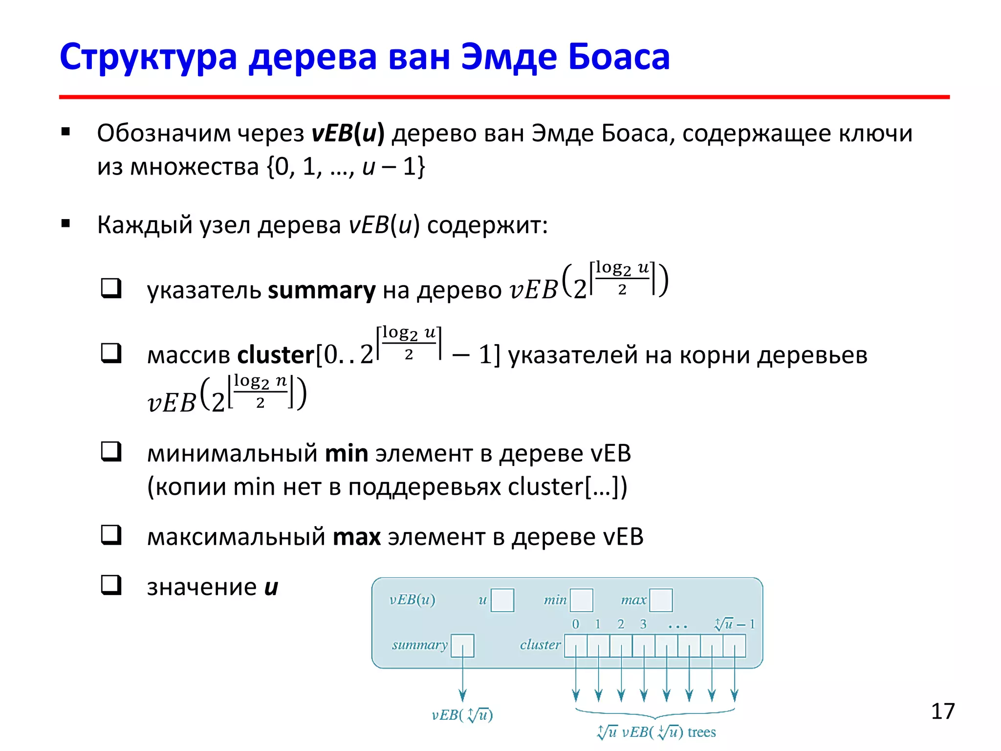 Структурадерева ванЭмдеБоаса 
17 
Обозначим через vEB(u)дерево ванЭмдеБоаса, содержащее ключи из множества {0, 1, …, u–1} 
Каждый узел дерева vEB(u) содержит: 
указатель summaryна дерево푣퐸퐵2log2푢 2 
массив cluster[0..2log2푢 2−1] указателей на корни деревьев 푣퐸퐵2log2푛 2 
минимальный minэлемент в дереве vEB(копии min нет в поддеревьях cluster[…]) 
максимальный maxэлемент в дереве vEB 
значение u  