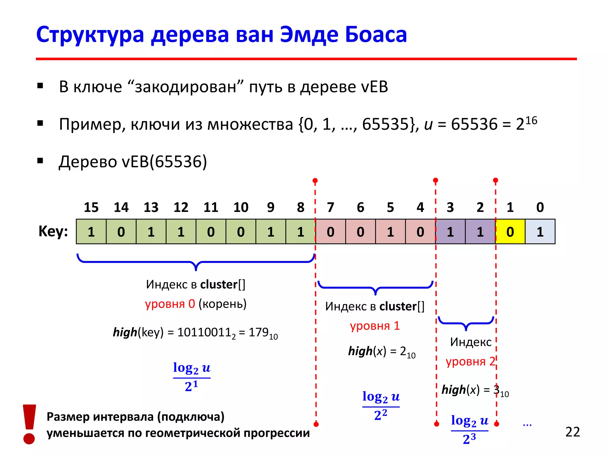 Структурадерева ванЭмдеБоаса 
22 
В ключе “закодирован”путь в дереве vEB 
Пример, ключи из множества {0, 1, …, 65535}, u= 65536 = 216 
Дерево vEB(65536) 
15 
14 
13 
12 
11 
10 
9 
8 
7 
6 
5 
4 
3 
2 
1 
0 
1 
0 
1 
1 
0 
0 
1 
1 
0 
0 
1 
0 
1 
1 
0 
1 
Key: 
Индекс в cluster[] уровня 0 (корень) 
Индекс в cluster[] уровня 1 
Индекс уровня 2 
high(key) = 101100112 = 17910 
high(x) = 210 
high(x) = 310 퐥퐨퐠ퟐ풖 ퟐퟏ 퐥퐨퐠ퟐ풖 ퟐퟐ 퐥퐨퐠ퟐ풖 ퟐퟑ 
… 
Размер интервала (подключа) уменьшается по геометрической прогрессии  
