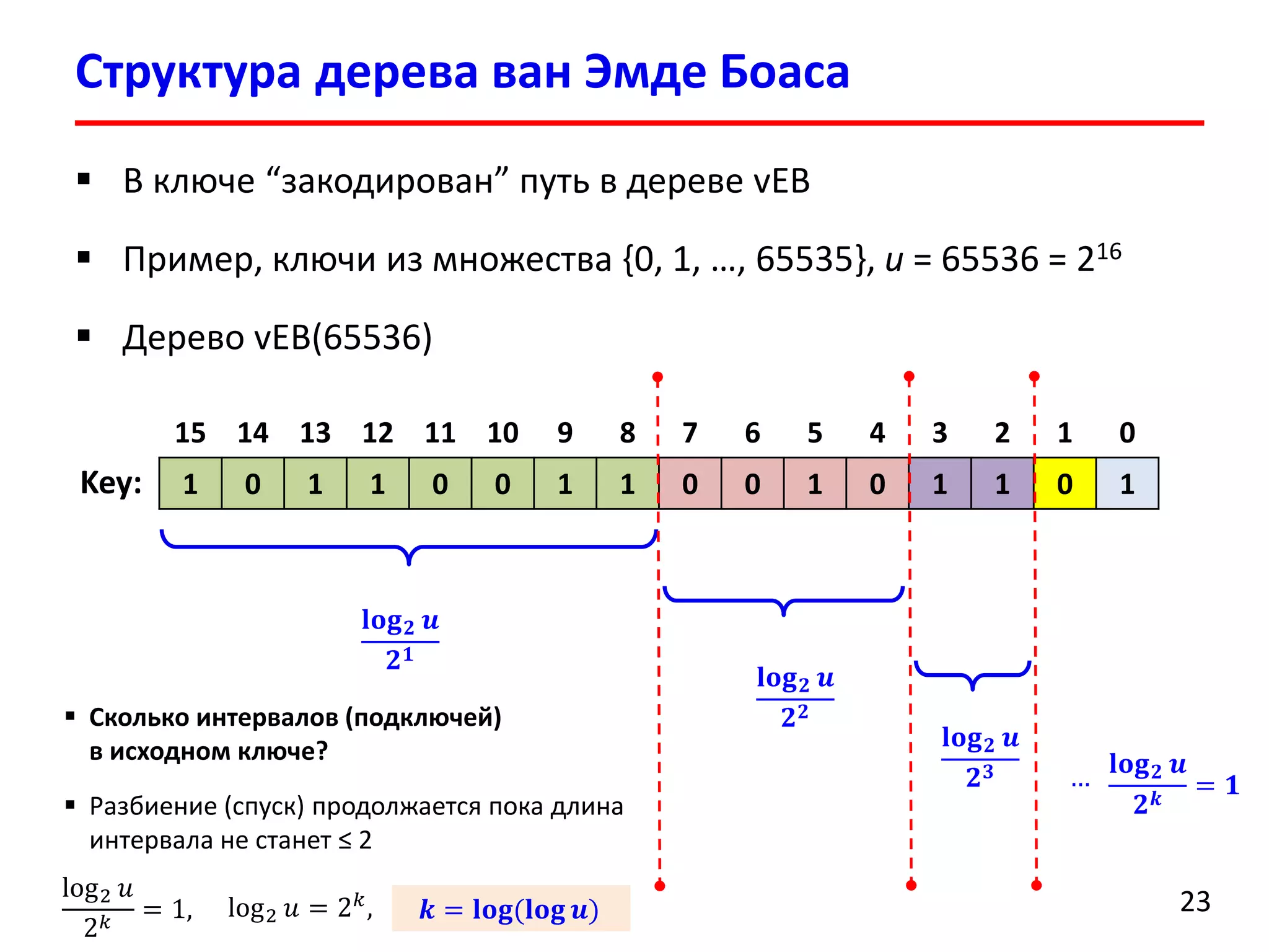 log2푢 2푘=1, 
log2푢=2푘, 
Структурадерева ванЭмдеБоаса 
23 
В ключе “закодирован”путь в дереве vEB 
Пример, ключи из множества {0, 1, …, 65535}, u= 65536 = 216 
Дерево vEB(65536) 
15 
14 
13 
12 
11 
10 
9 
8 
7 
6 
5 
4 
3 
2 
1 
0 
1 
0 
1 
1 
0 
0 
1 
1 
0 
0 
1 
0 
1 
1 
0 
1 
Key: 퐥퐨퐠ퟐ풖 ퟐퟏ 퐥퐨퐠ퟐ풖 ퟐퟐ 퐥퐨퐠ퟐ풖 ퟐퟑ 
… 
Сколько интервалов (подключей) в исходном ключе? 
Разбиение (спуск) продолжается пока длина интервала не станет ≤ 2 퐥퐨퐠ퟐ풖 ퟐ풌=ퟏ 
풌=퐥퐨퐠(퐥퐨퐠풖)  