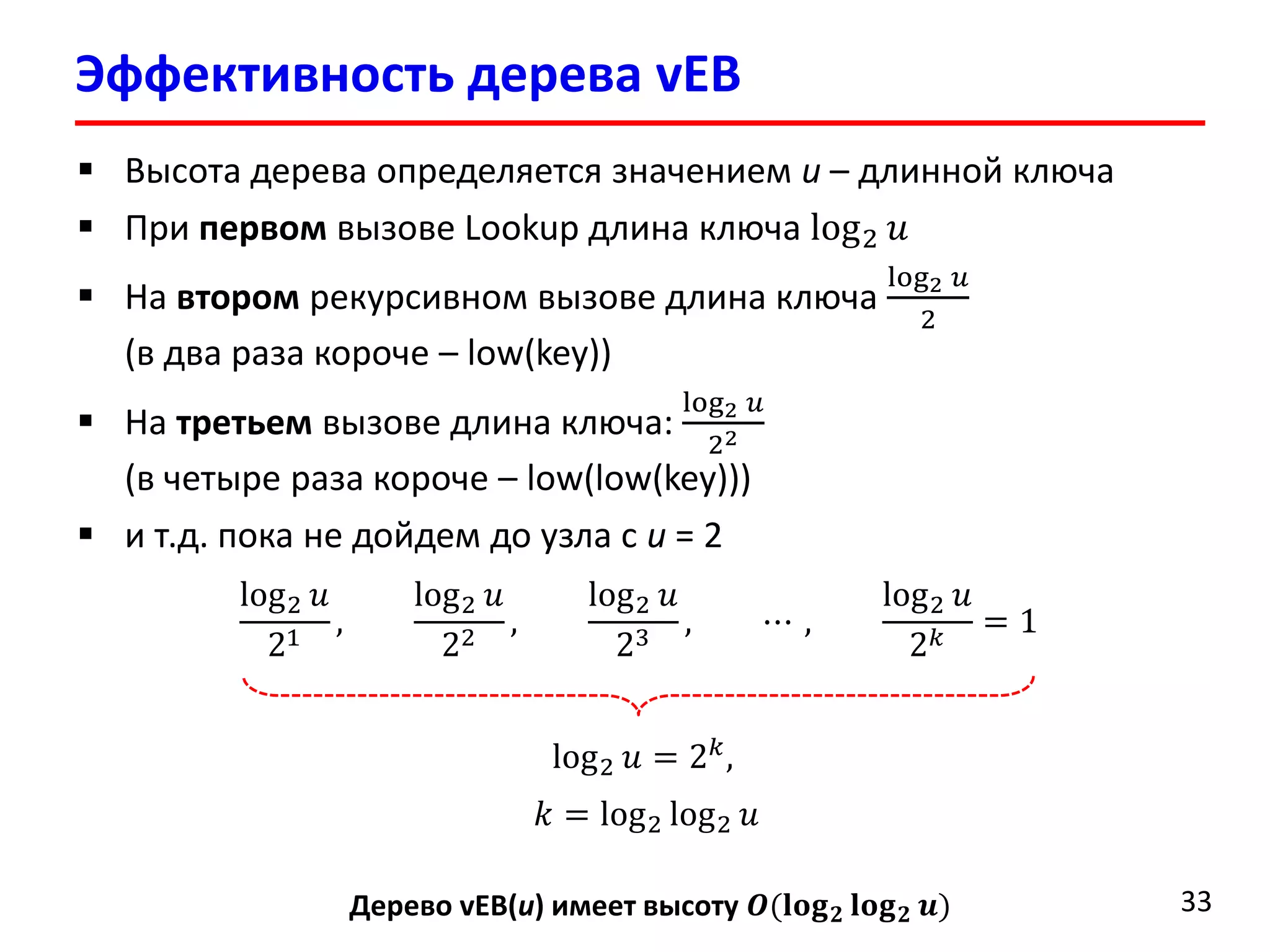 Эффективность дерева vEB 
33 
Высота дерева определяется значением u–длинной ключа 
При первомвызове Lookup длина ключа log2푢 
На второмрекурсивном вызове длина ключа log2푢 2(в два раза короче –low(key)) 
На третьемвызове длина ключа: log2푢 22(в четыре раза короче –low(low(key))) 
и т.д. пока не дойдем до узла с u= 2log2푢 21, log2푢 22, log2푢 23,⋯, log2푢 2푘=1 
log2푢=2푘, 
푘=log2log2푢 
Дерево vEB(u) имеет высоту푶(퐥퐨퐠ퟐ퐥퐨퐠ퟐ풖)  