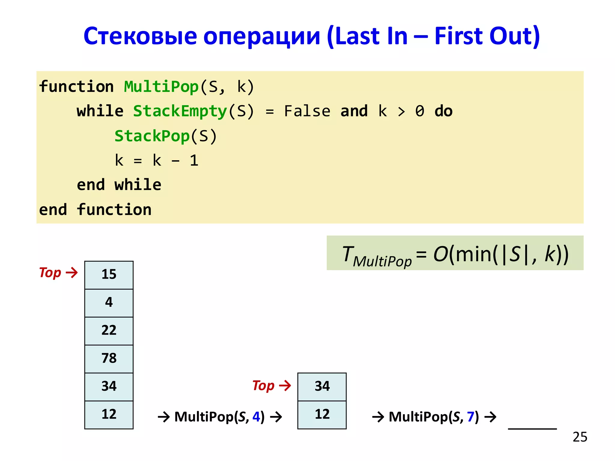 function MultiPop(S, k)
while StackEmpty(S) = False and k > 0 do
StackPop(S)
k = k – 1
end while
end function
Стековые операции (Last In – First Out)
25
TMultiPop = O(min(|S|, k))
15
4
22
78
34
12
Top →
34
12
Top →
→ MultiPop(S, 4) → → MultiPop(S, 7) →
 