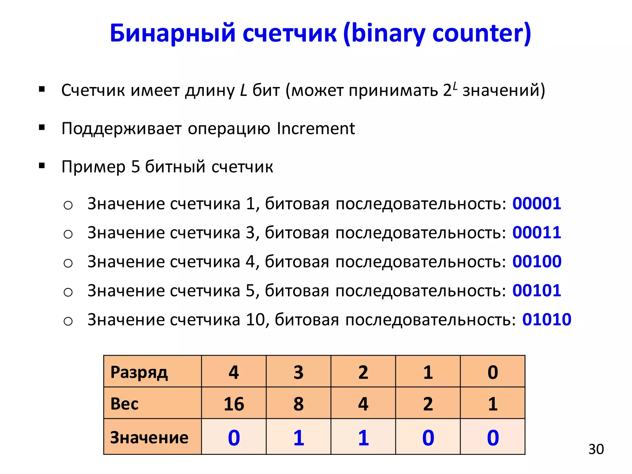 Бинарный счетчик (binary counter)
3030
 Счетчик имеет длину L бит (может принимать 2L значений)
 Поддерживает операцию Increment
 Пример 5 битный счетчик
o Значение счетчика 1, битовая последовательность: 00001
o Значение счетчика 3, битовая последовательность: 00011
o Значение счетчика 4, битовая последовательность: 00100
o Значение счетчика 5, битовая последовательность: 00101
o Значение счетчика 10, битовая последовательность: 01010
Разряд 4 3 2 1 0
Вес 16 8 4 2 1
Значение 0 1 1 0 0
 