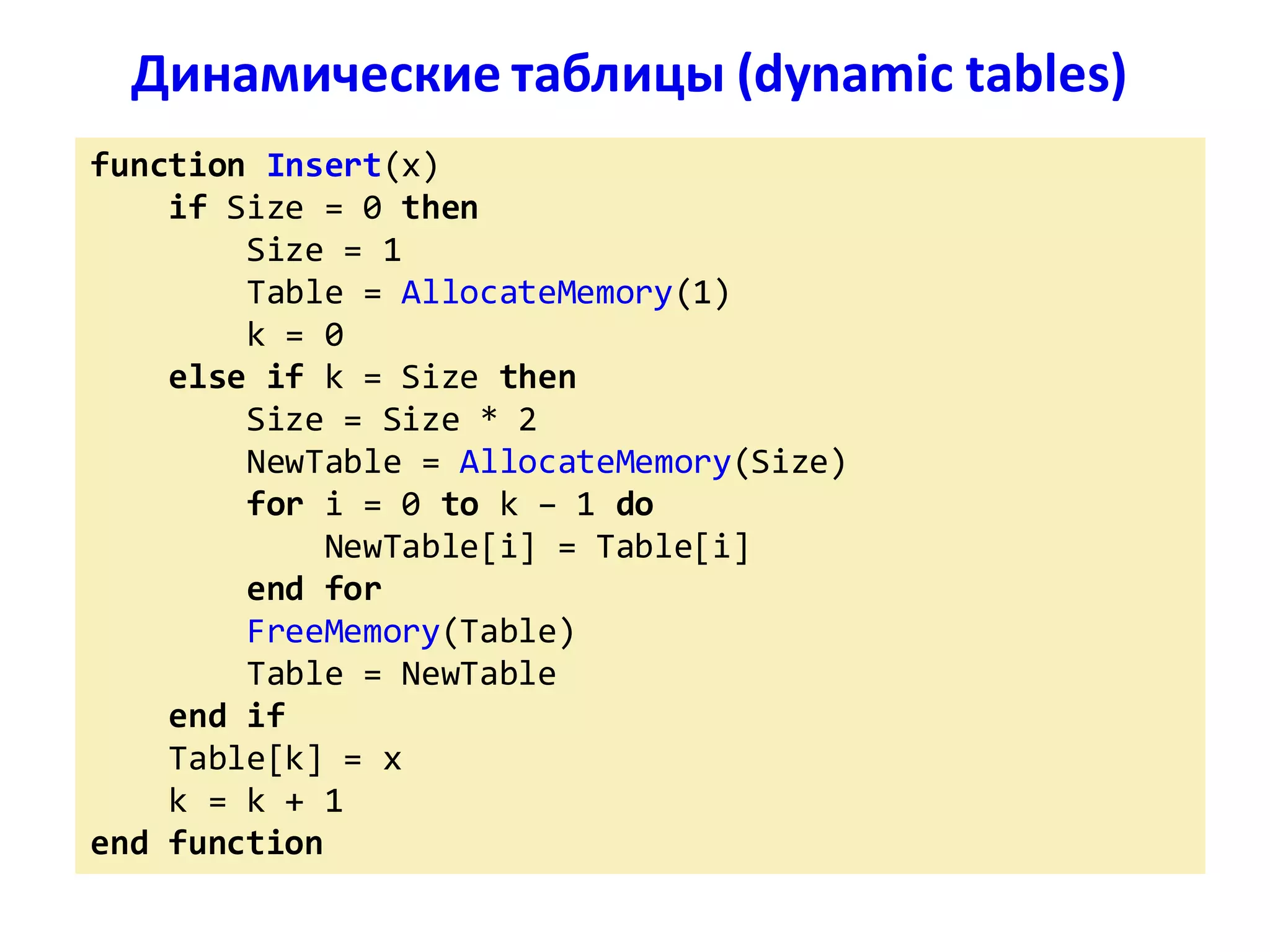Динамические таблицы (dynamic tables)
function Insert(x)
if Size = 0 then
Size = 1
Table = AllocateMemory(1)
k = 0
else if k = Size then
Size = Size * 2
NewTable = AllocateMemory(Size)
for i = 0 to k – 1 do
NewTable[i] = Table[i]
end for
FreeMemory(Table)
Table = NewTable
end if
Table[k] = x
k = k + 1
end function
 