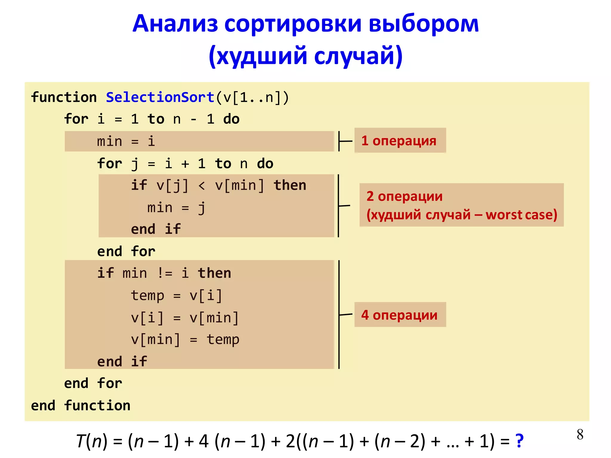function SelectionSort(v[1..n])
for i = 1 to n - 1 do
min = i
for j = i + 1 to n do
if v[j] < v[min] then
min = j
end if
end for
if min != i then
temp = v[i]
v[i] = v[min]
v[min] = temp
end if
end for
end function
8
Анализ сортировки выбором
(худший случай)
1 операция
2 операции
(худший случай – worst case)
4 операции
T(n) = (n – 1) + 4 (n – 1) + 2((n – 1) + (n – 2) + … + 1) = ?
 