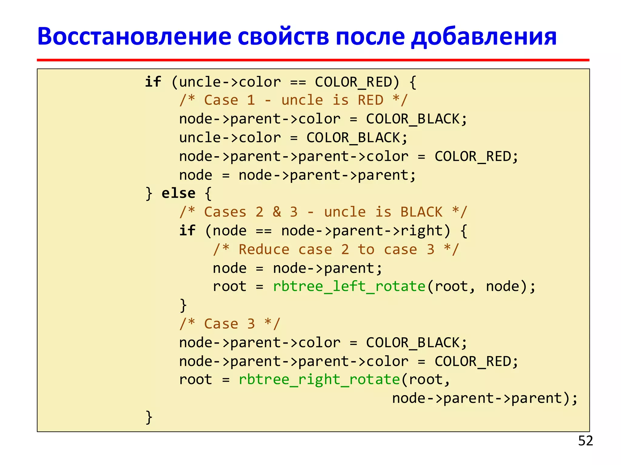 if (uncle->color == COLOR_RED) {
/* Case 1 - uncle is RED */
node->parent->color = COLOR_BLACK;
uncle->color = COLOR_BLACK;
node->parent->parent->color = COLOR_RED;
node = node->parent->parent;
} else {
/* Cases 2 & 3 - uncle is BLACK */
if (node == node->parent->right) {
/* Reduce case 2 to case 3 */
node = node->parent;
root = rbtree_left_rotate(root, node);
}
/* Case 3 */
node->parent->color = COLOR_BLACK;
node->parent->parent->color = COLOR_RED;
root = rbtree_right_rotate(root,
node->parent->parent);
}
52
Восстановление свойств после добавления
 