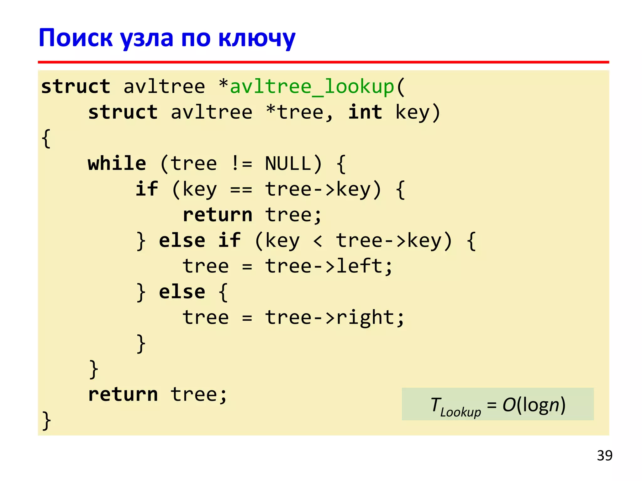 struct avltree *avltree_lookup(
struct avltree *tree, int key)
{
while (tree != NULL) {
if (key == tree->key) {
return tree;
} else if (key < tree->key) {
tree = tree->left;
} else {
tree = tree->right;
}
}
return tree;
}
Поиск узла по ключу
39
TLookup = O(logn)
 