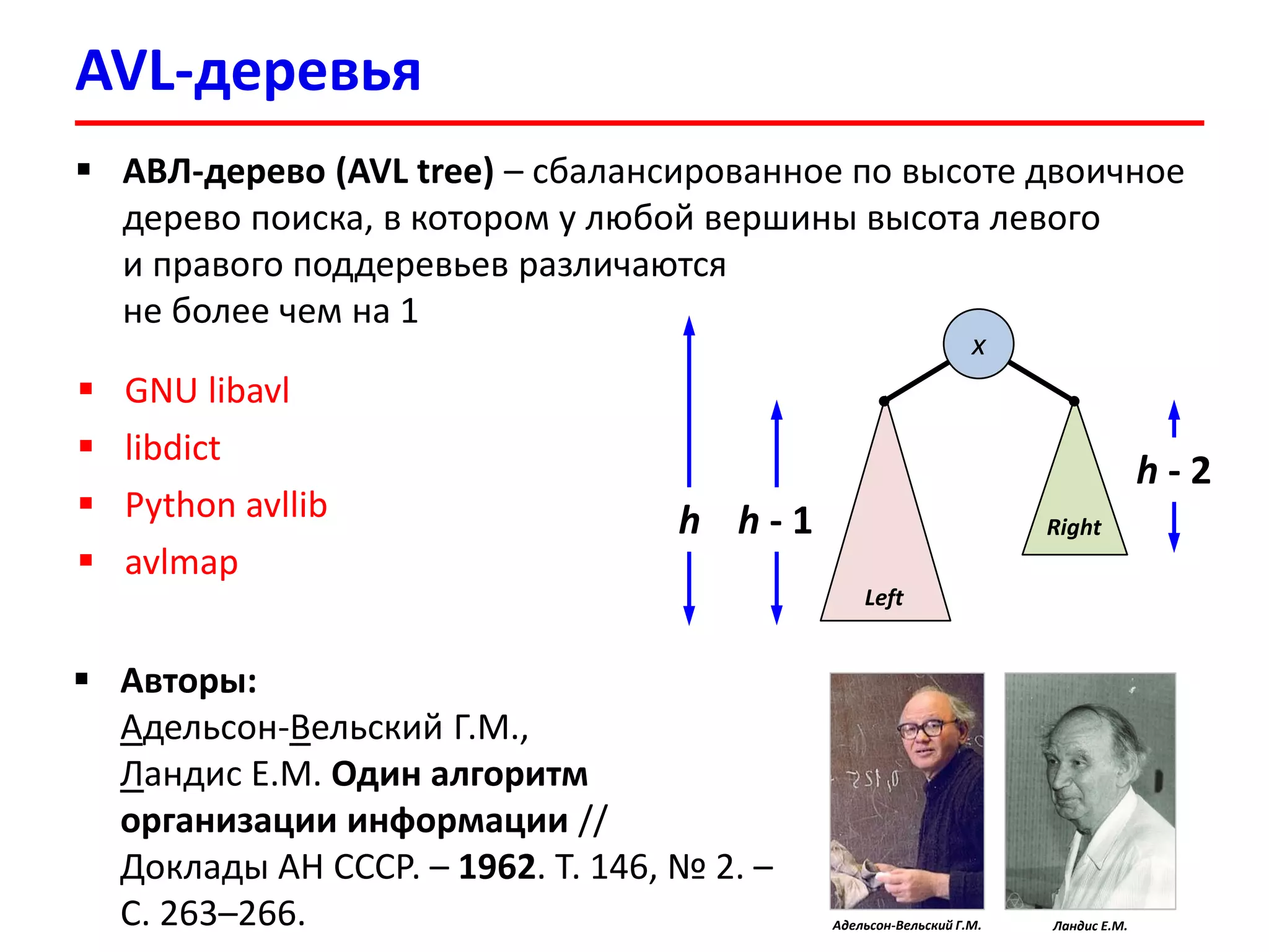 AVL-деревья
 АВЛ-дерево (AVL tree) – сбалансированное по высоте двоичное
дерево поиска, в котором у любой вершины высота левого
и правого поддеревьев различаются
не более чем на 1
x
h
h - 2
h - 1
 Авторы:
Адельсон-Вельский Г.М.,
Ландис Е.М. Один алгоритм
организации информации //
Доклады АН СССР. – 1962. Т. 146, № 2. –
C. 263–266.
Right
Left
Адельсон-Вельский Г.М. Ландис Е.М.
 GNU libavl
 libdict
 Python avllib
 avlmap
 